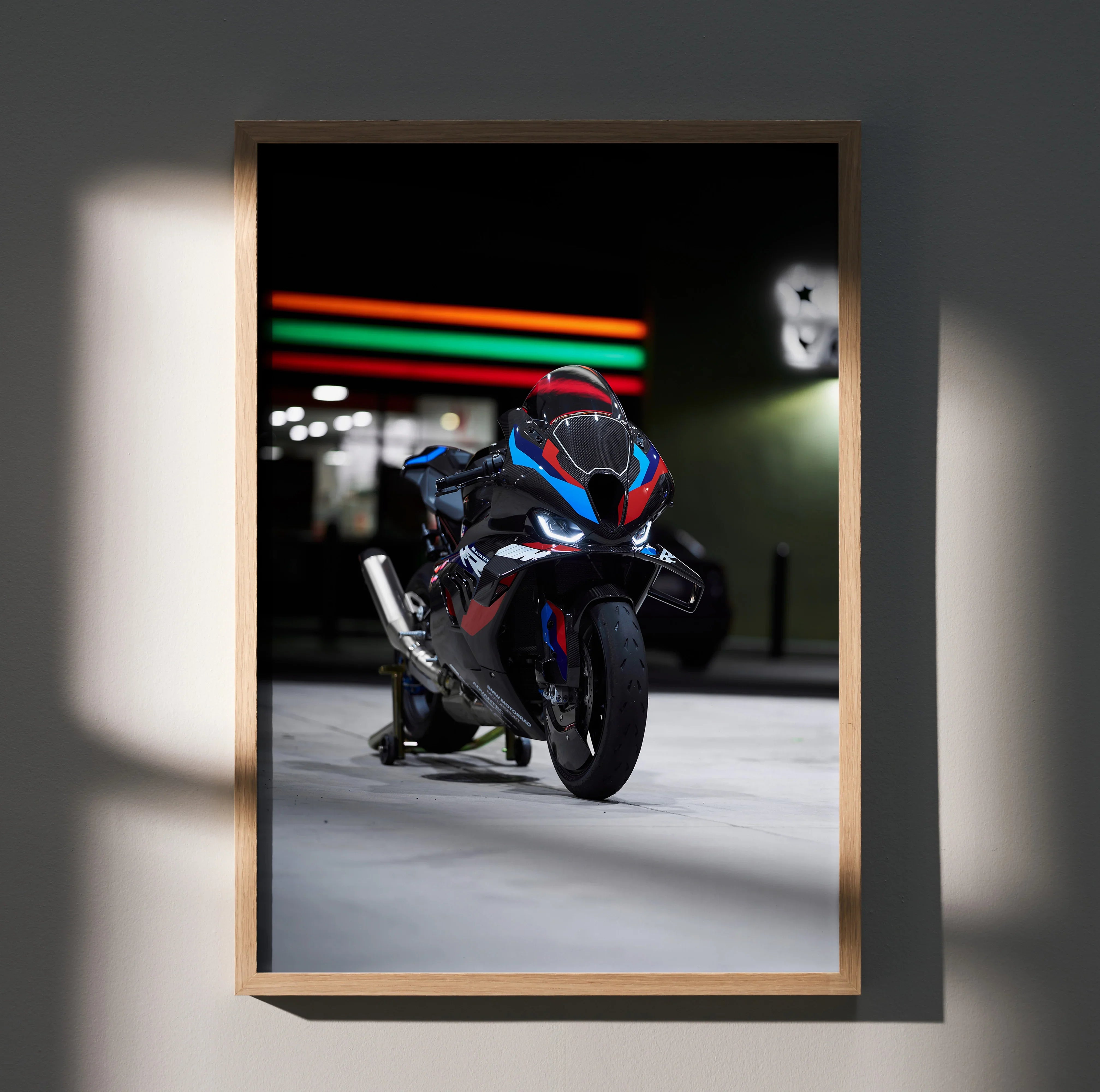 BMW M1000RR motorcycle poster with dark background and neon light accents wall art.