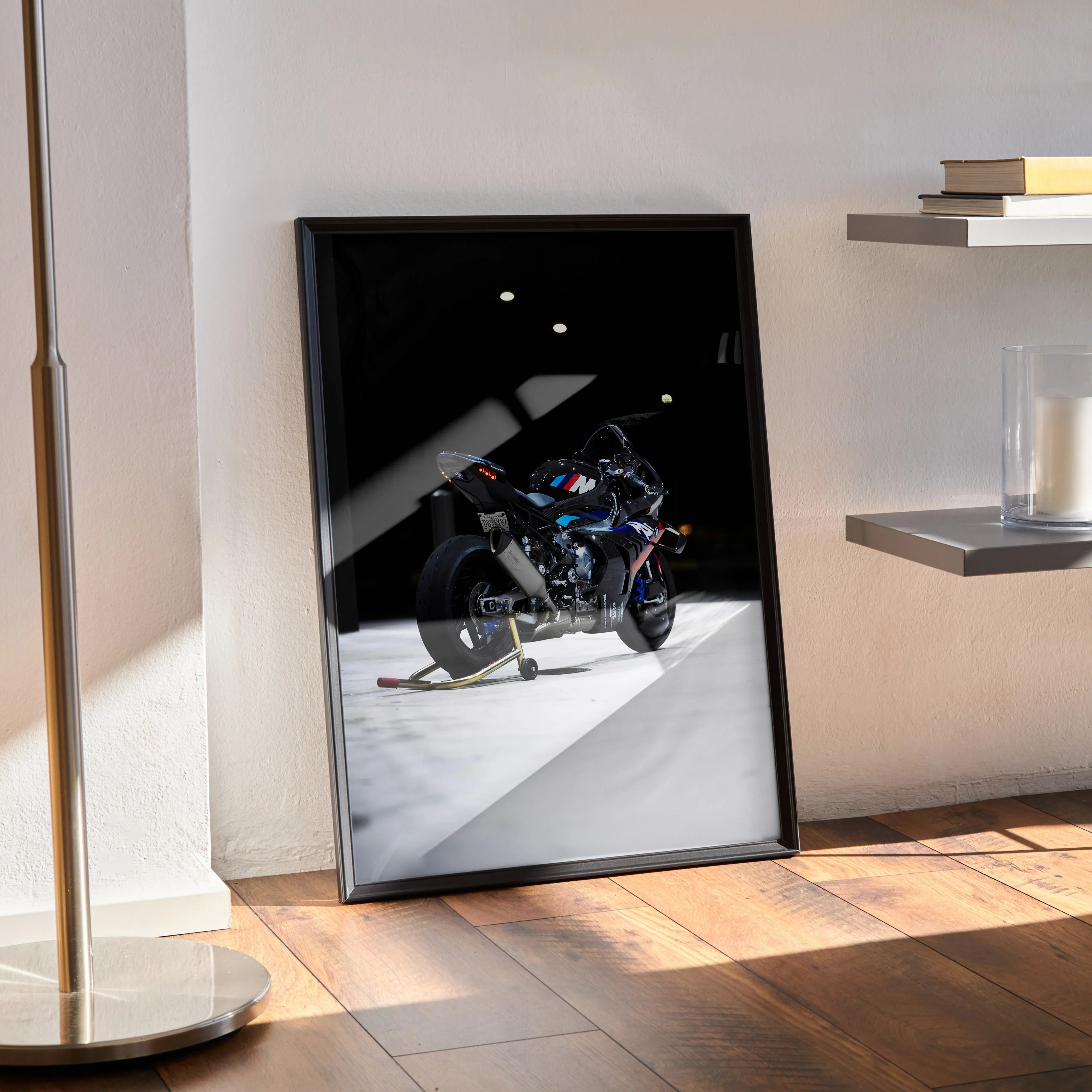 BMW M1000RR motorcycle poster with vibrant colors on sleek black satin wall art.