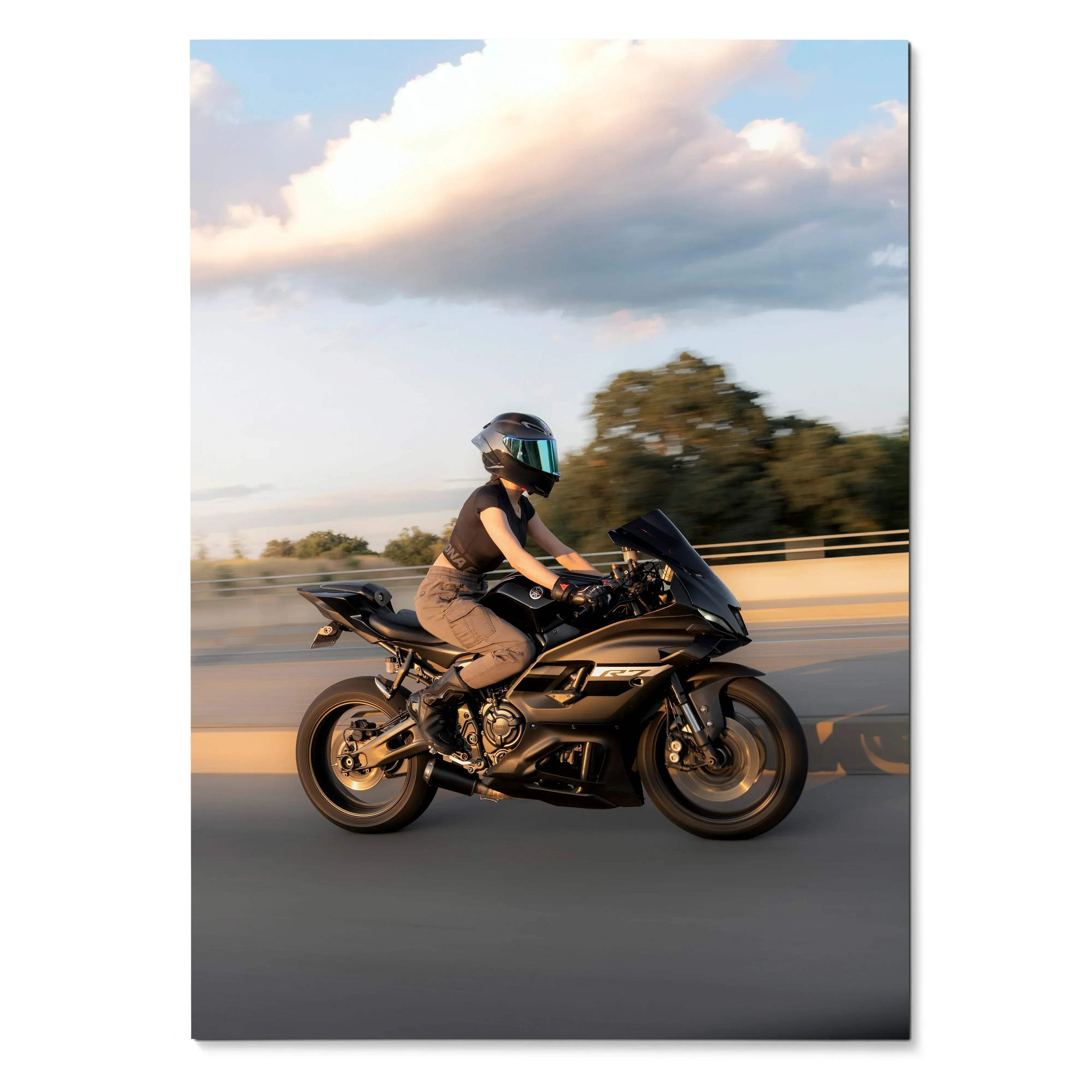 Biker Poster #102 - Female | AGV Pista Helmet | Yamaha R7 Motorcycle | Rolling Shot - Throttle Designs