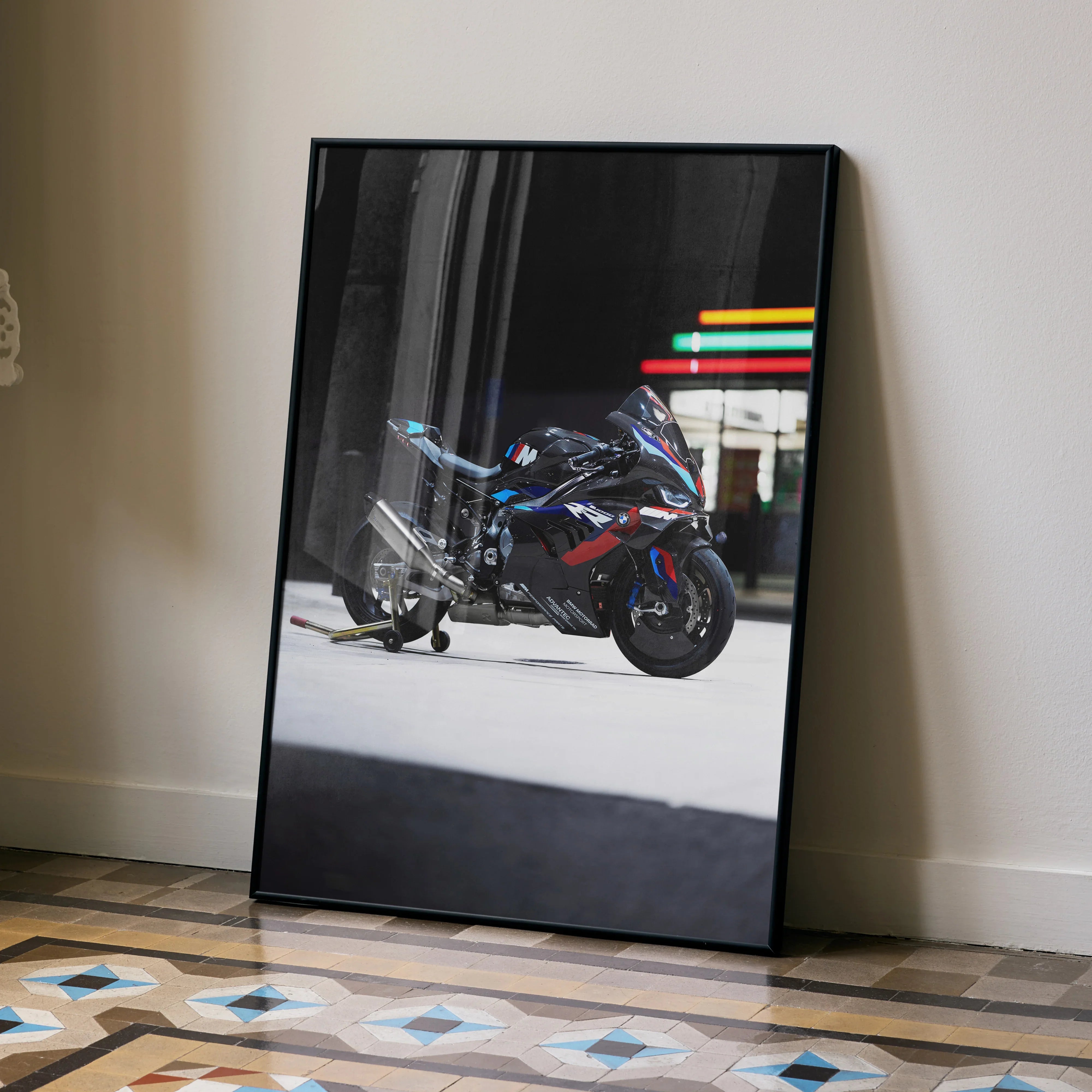 BMW M1000RR motorcycle poster with sleek black and blue design, modern wall art for riders.