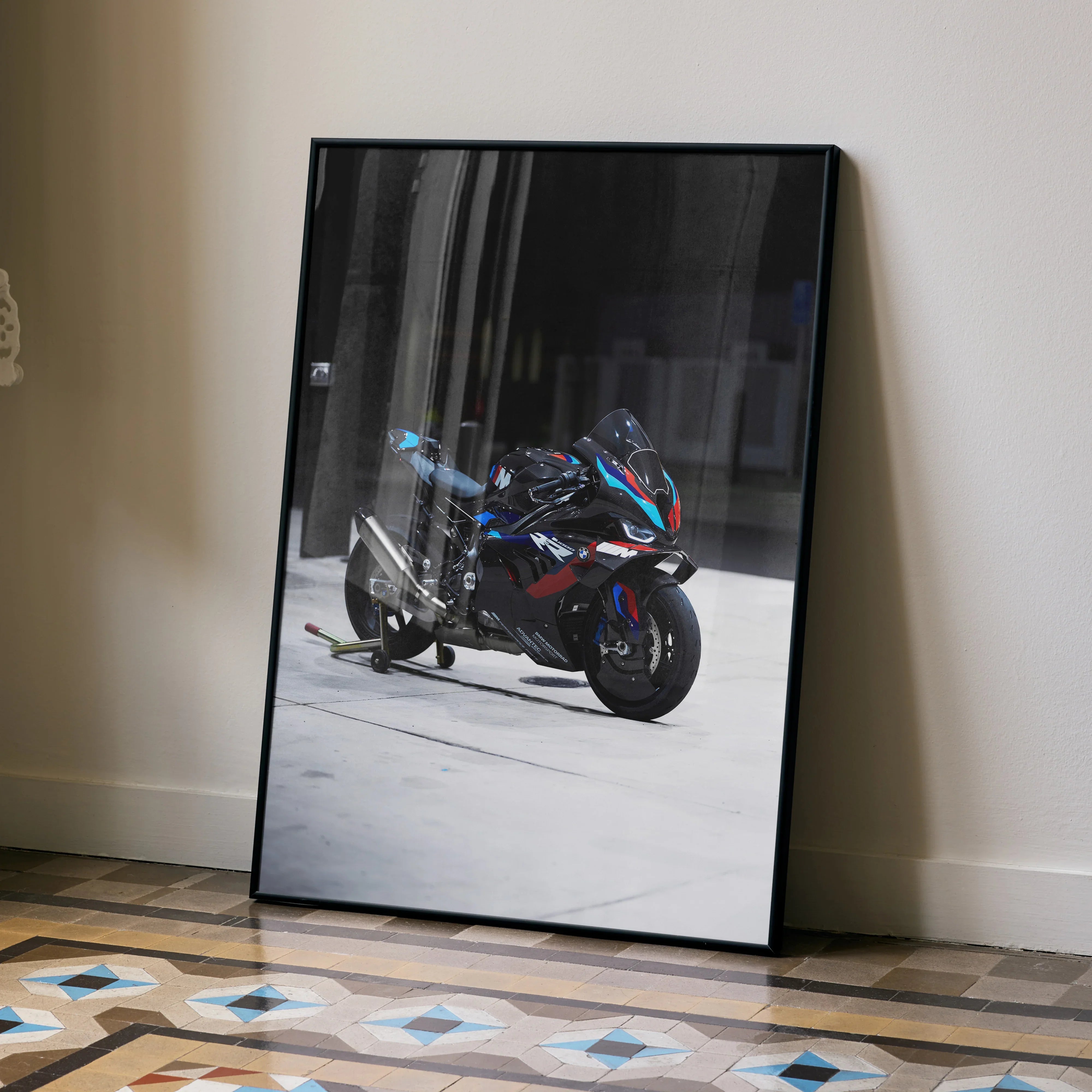 BMW M1000RR motorcycle poster with dynamic racing design in black frame wall art.