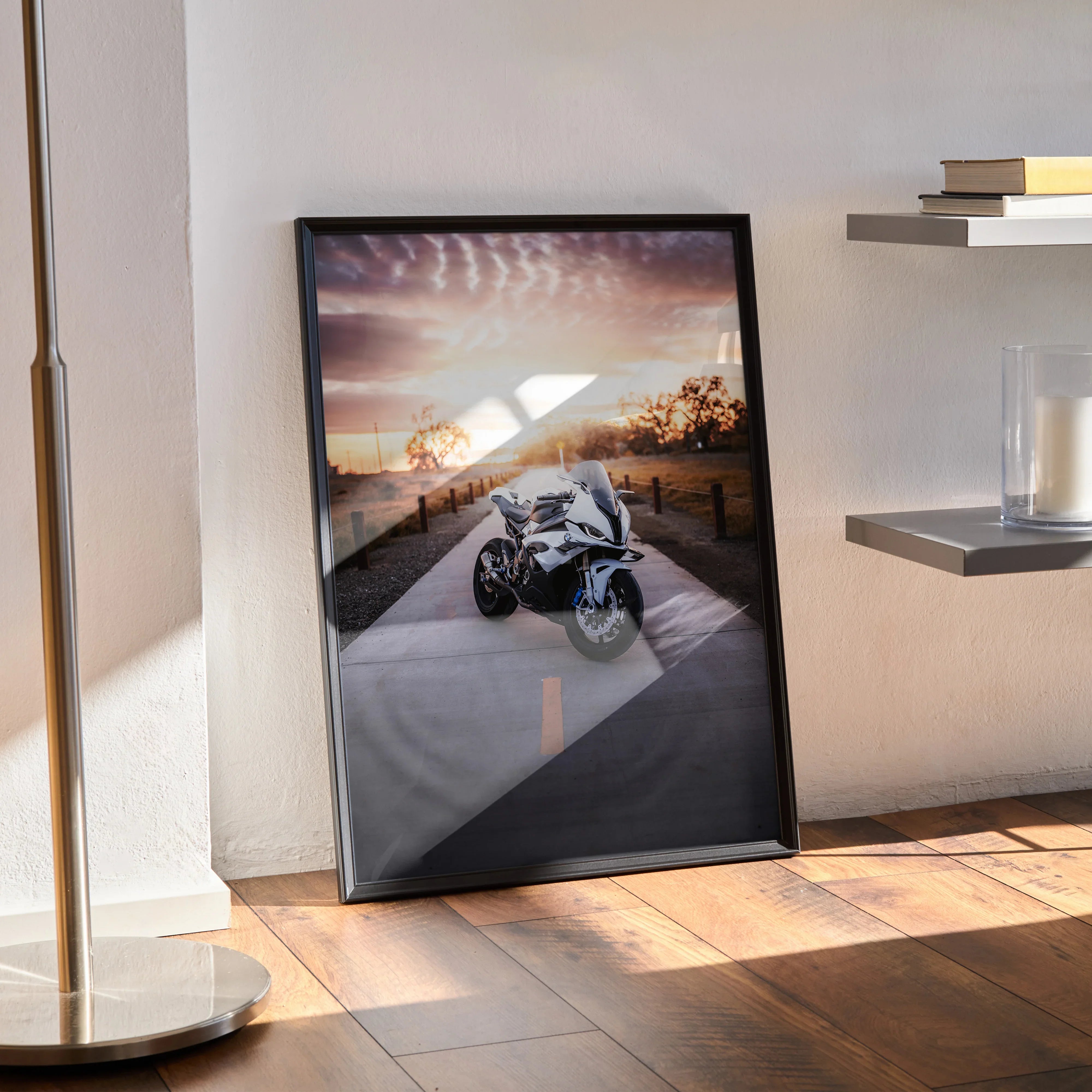 BMW S1000RR motorcycle poster with sunset background in modern black frame wall art.