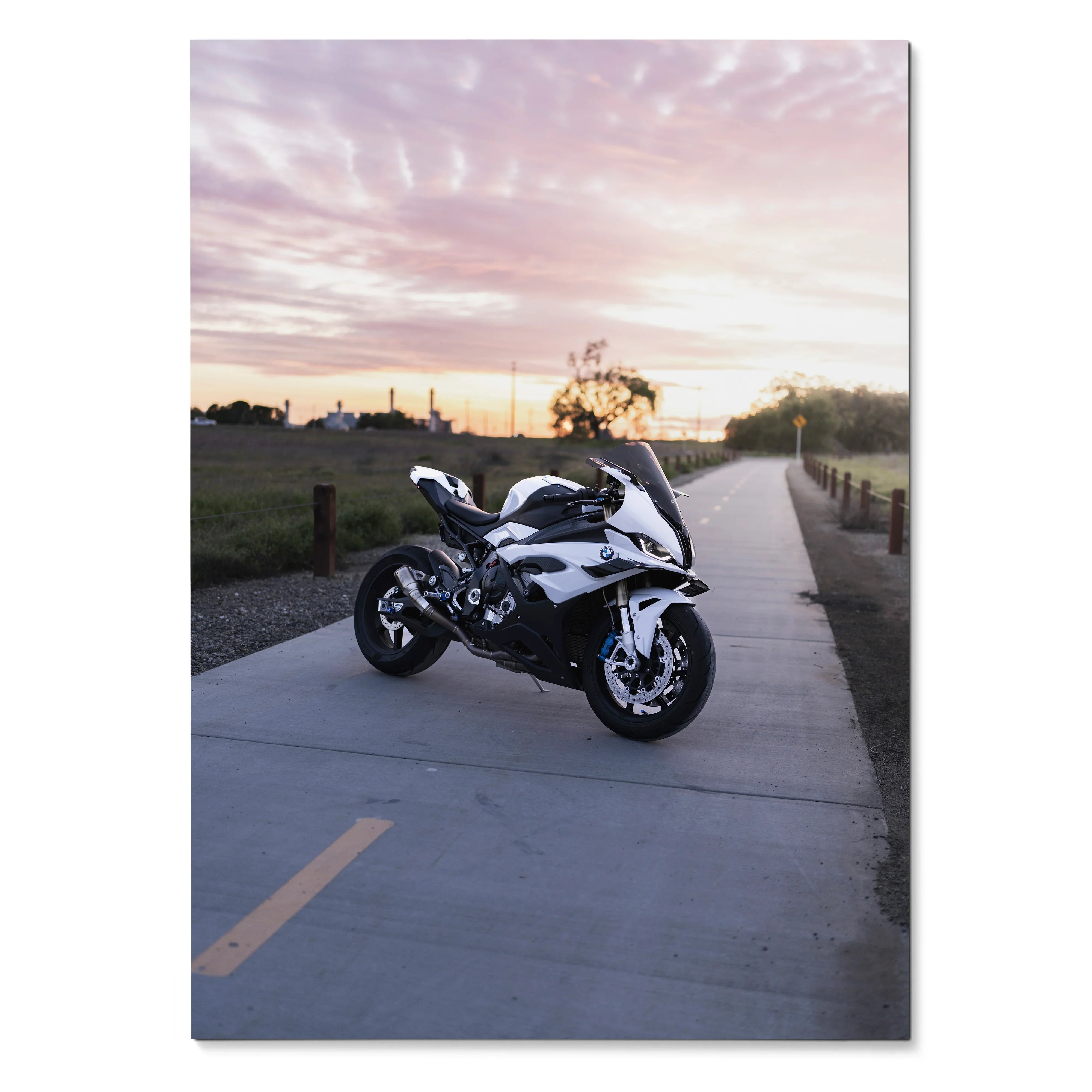 BMW S1000RR motorcycle poster with sunset sky and road background wall art.