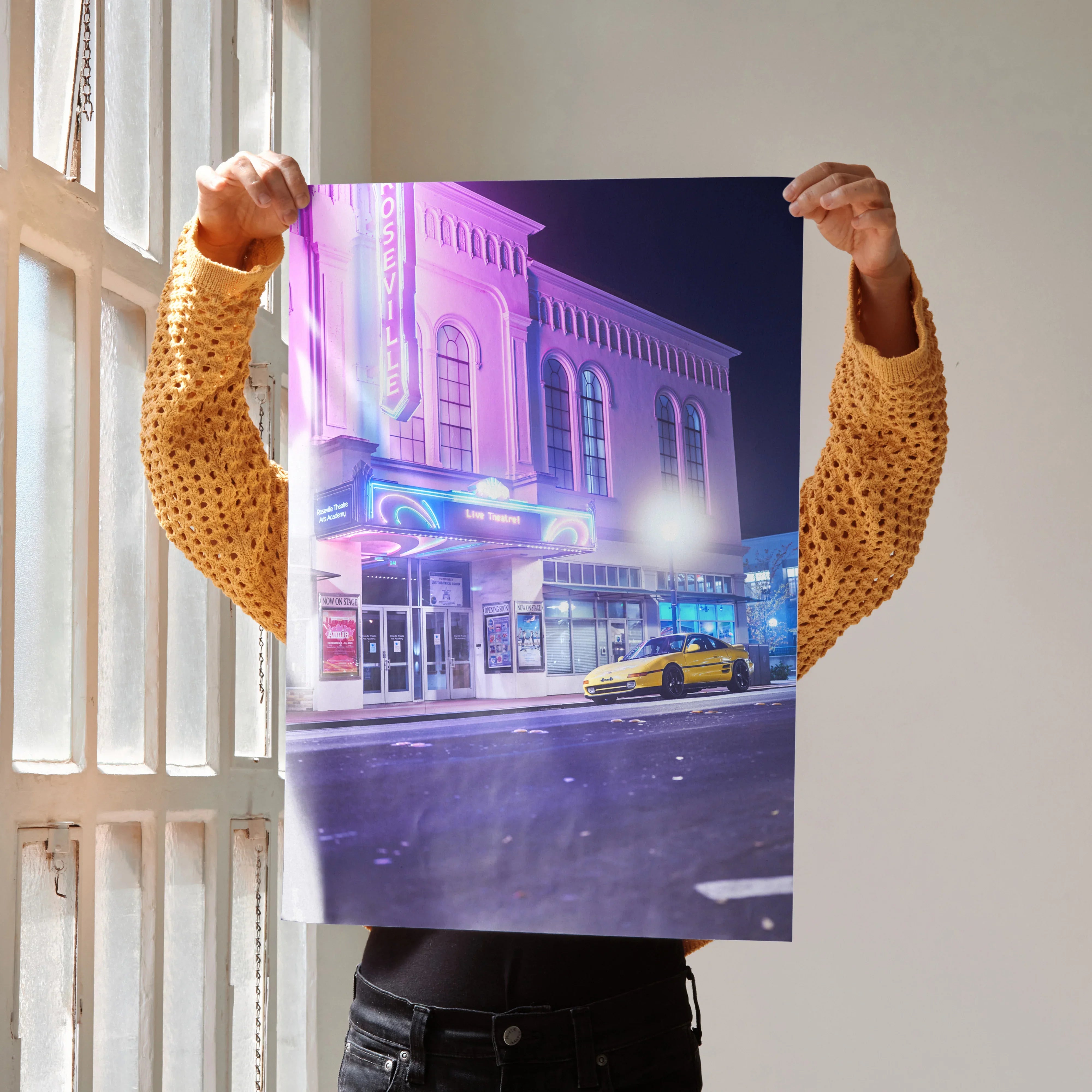 Toyota MR2 classic car poster with neon-lit urban street scene wall art.