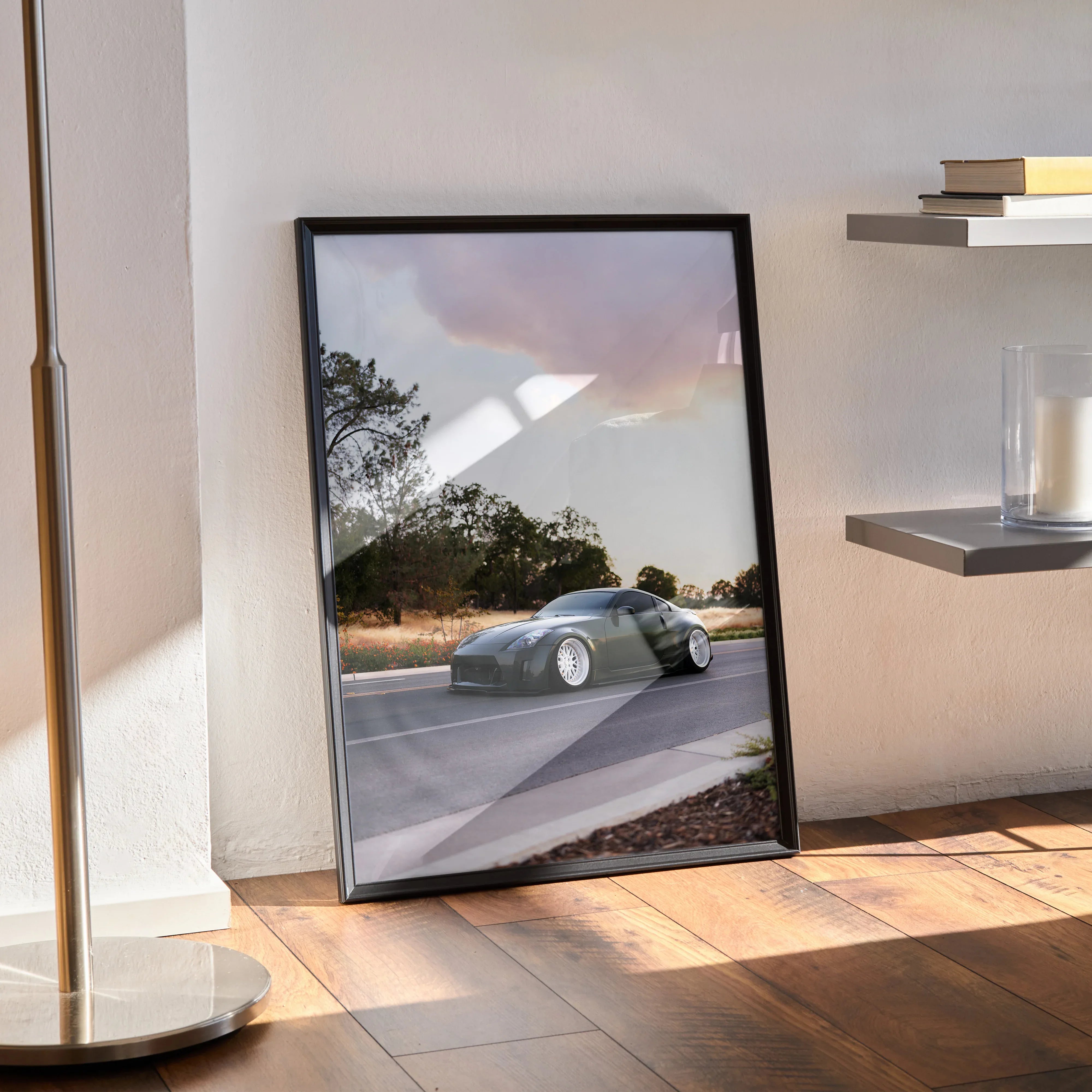 Nissan 350z sports car poster with scenic outdoor background framed wall art.