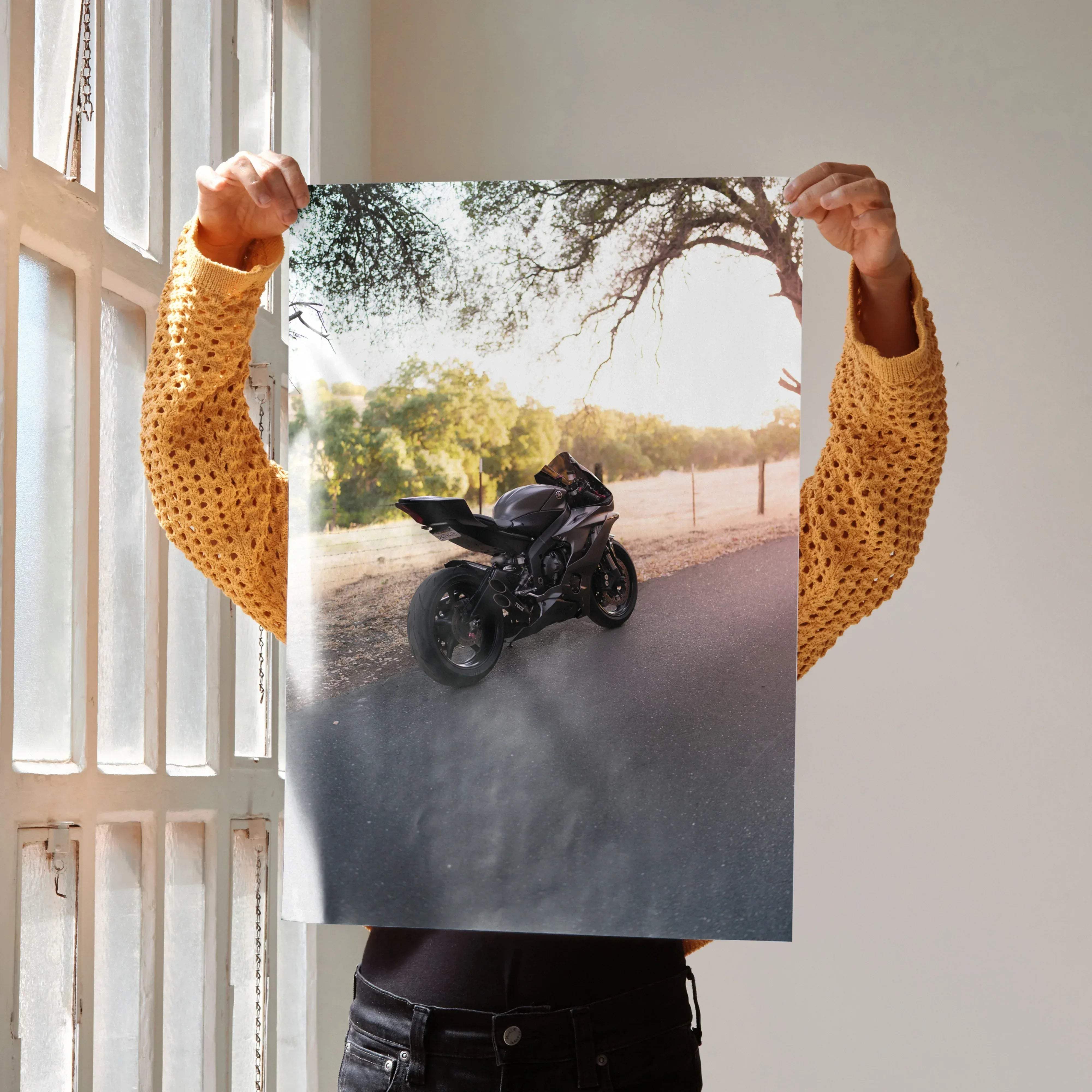 Black Yamaha R6 sport motorcycle printed on a rectangular poster ideal for motorcycle enthusiasts and decor