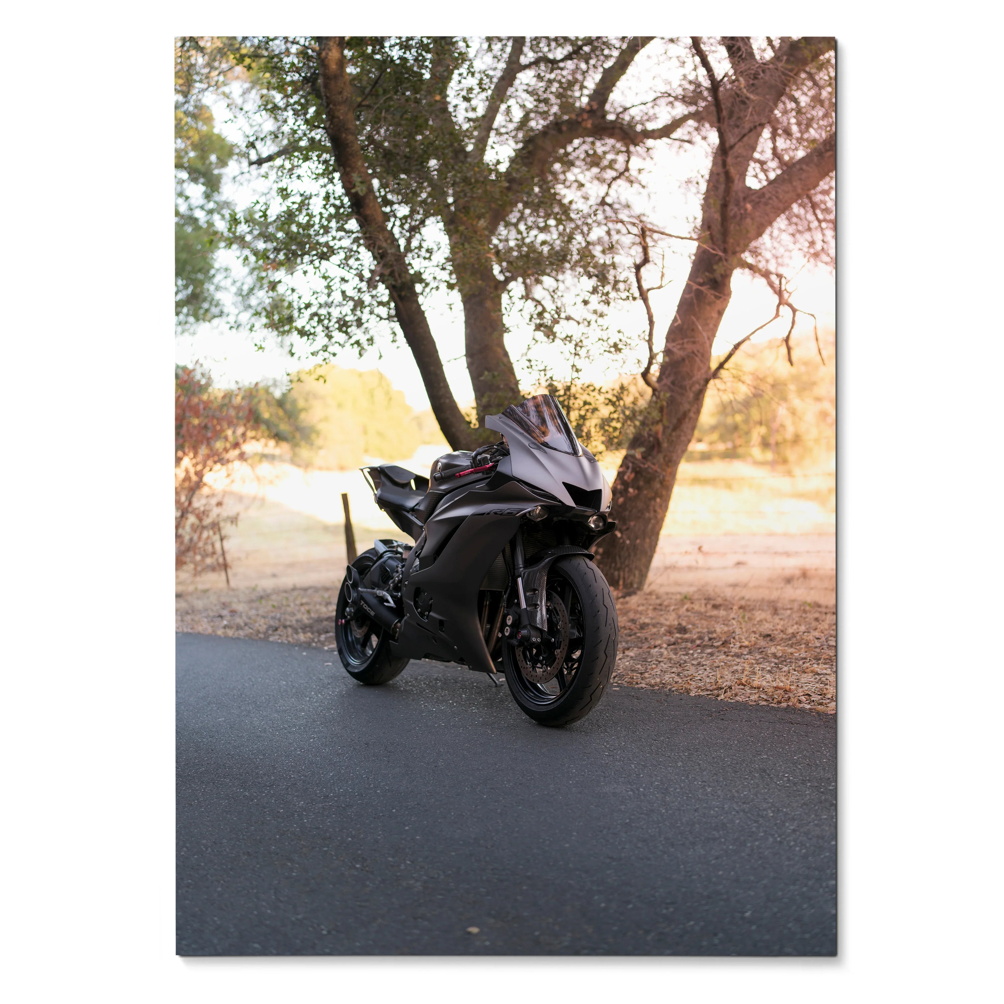 Yamaha R6 motorcycle parked on road with trees in background poster wall art.