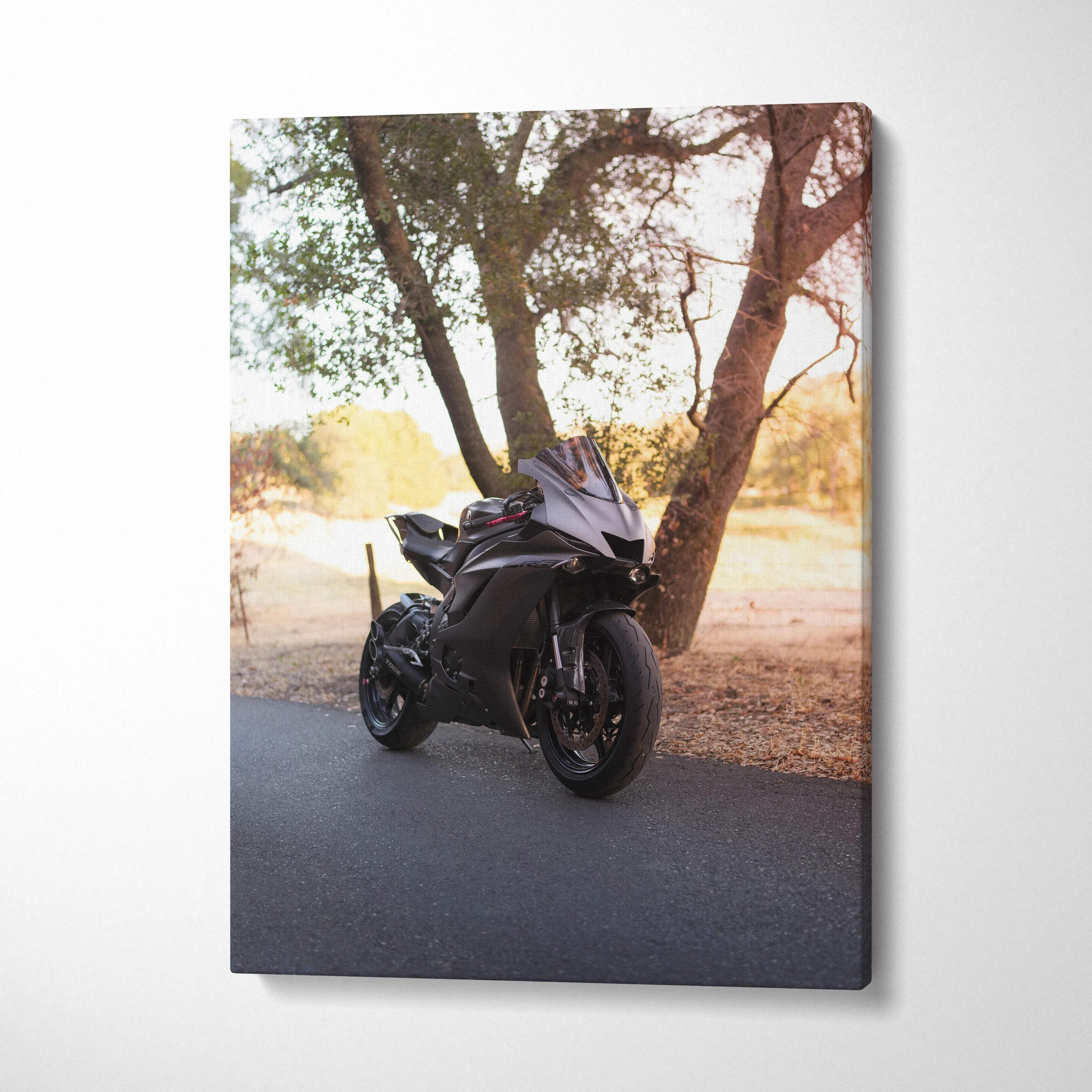 Yamaha R6 motorcycle parked under tree with warm sunlight vertical canvas wall art.