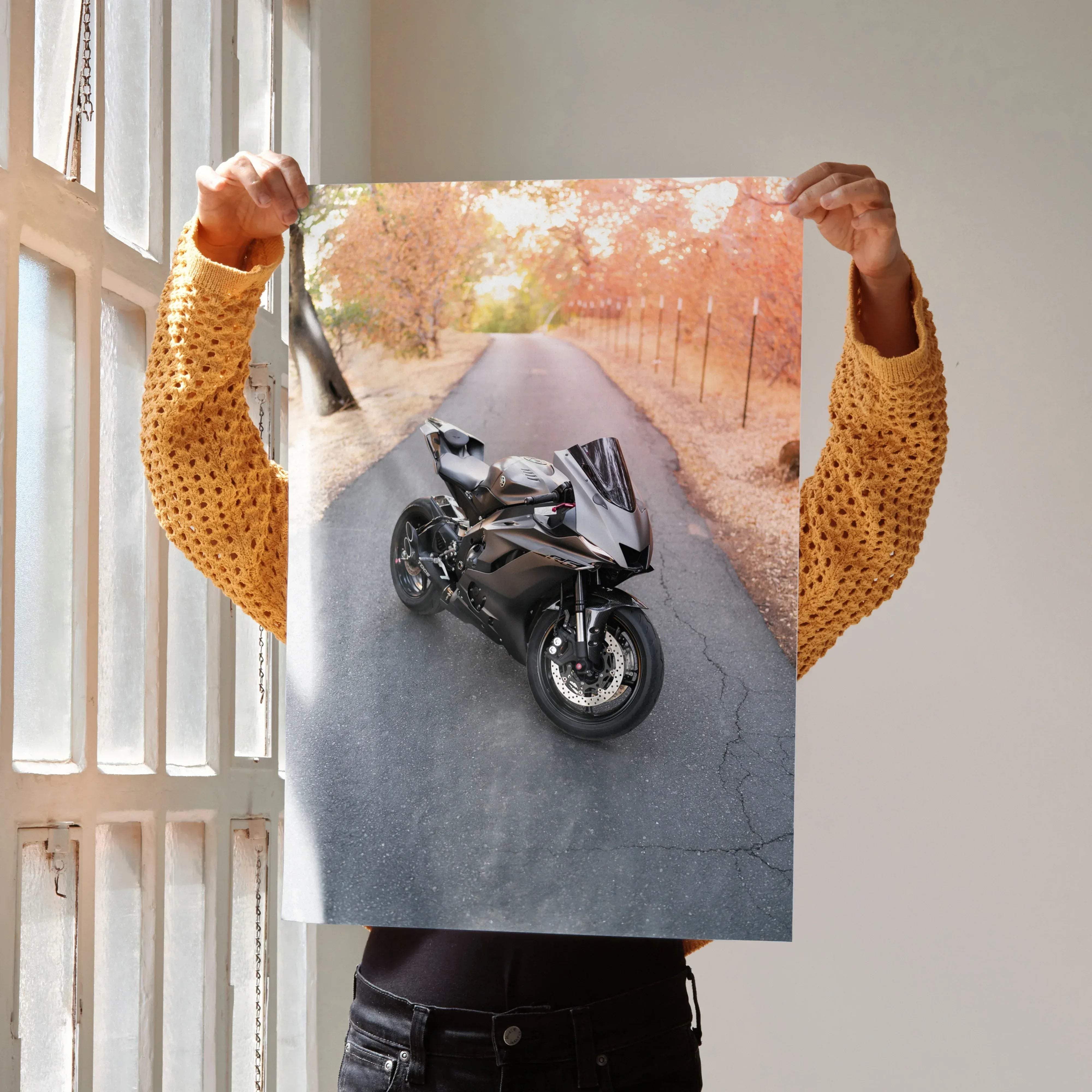 Black matte-finish yamaha r6 sport motorcycle printed on a large poster for wall decoration and motorsport fans