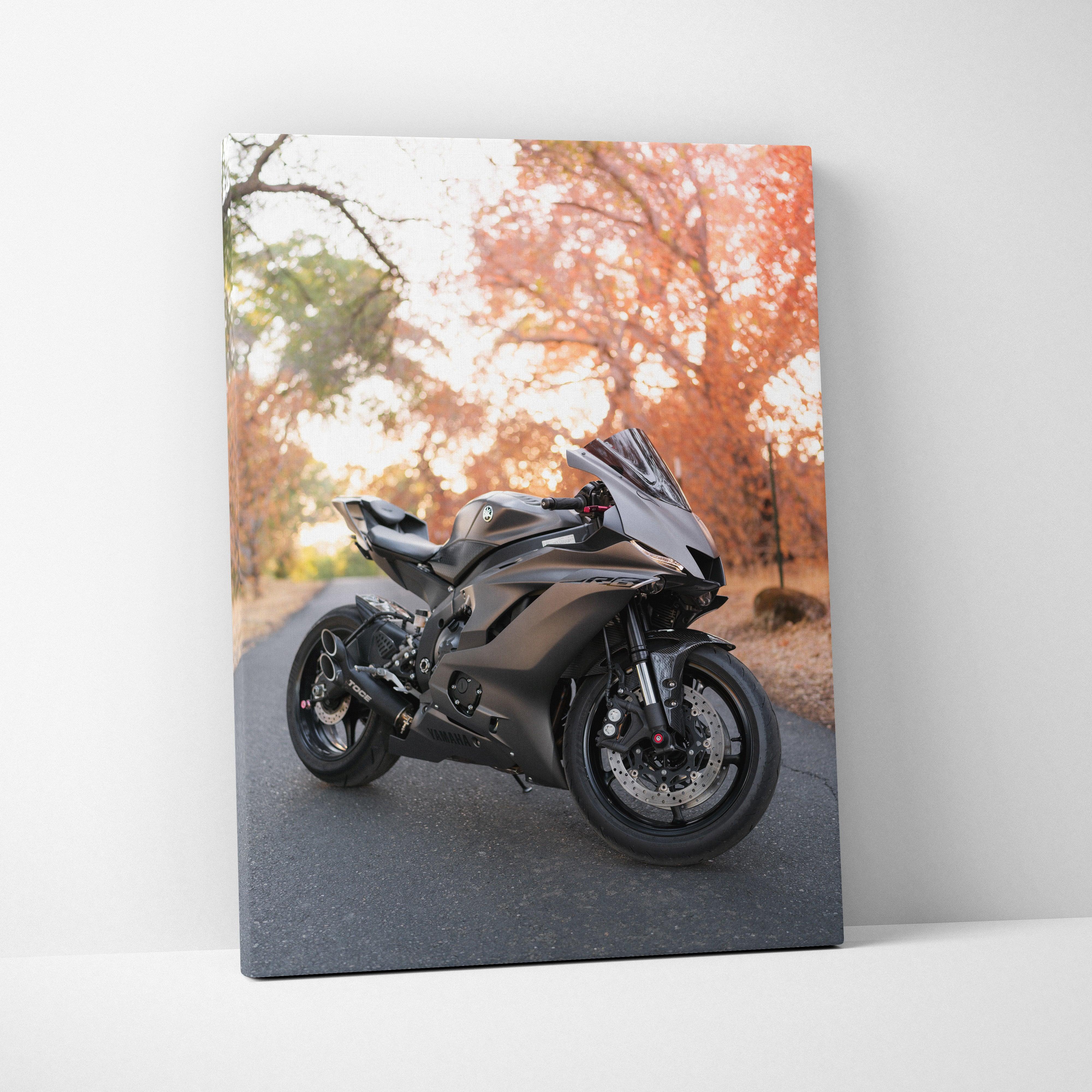 Yamaha R6 black sport motorcycle canvas art with autumn trees backdrop vertical wall art.