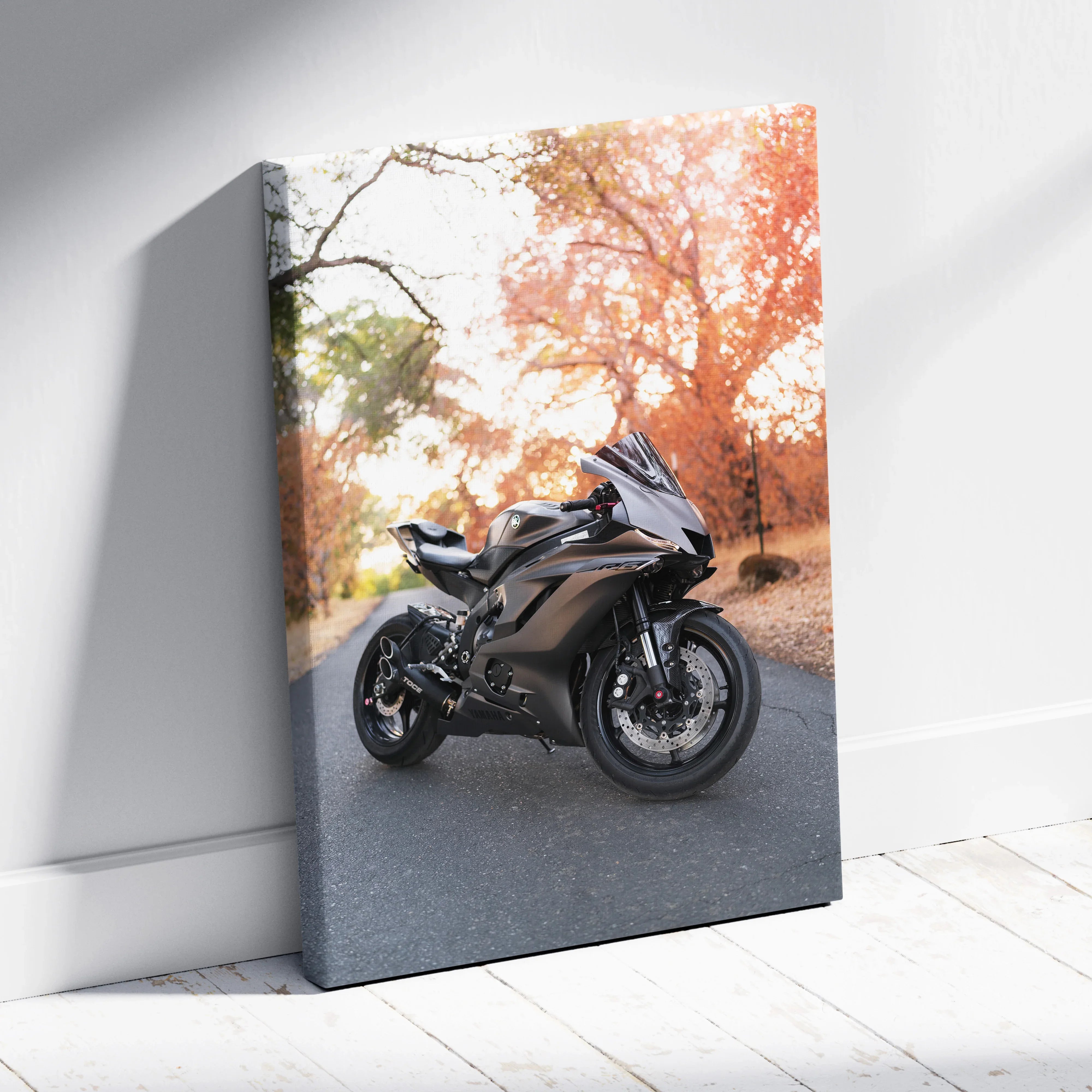 Yamaha R6 motorcycle canvas art with autumn trees background vertical wall art.