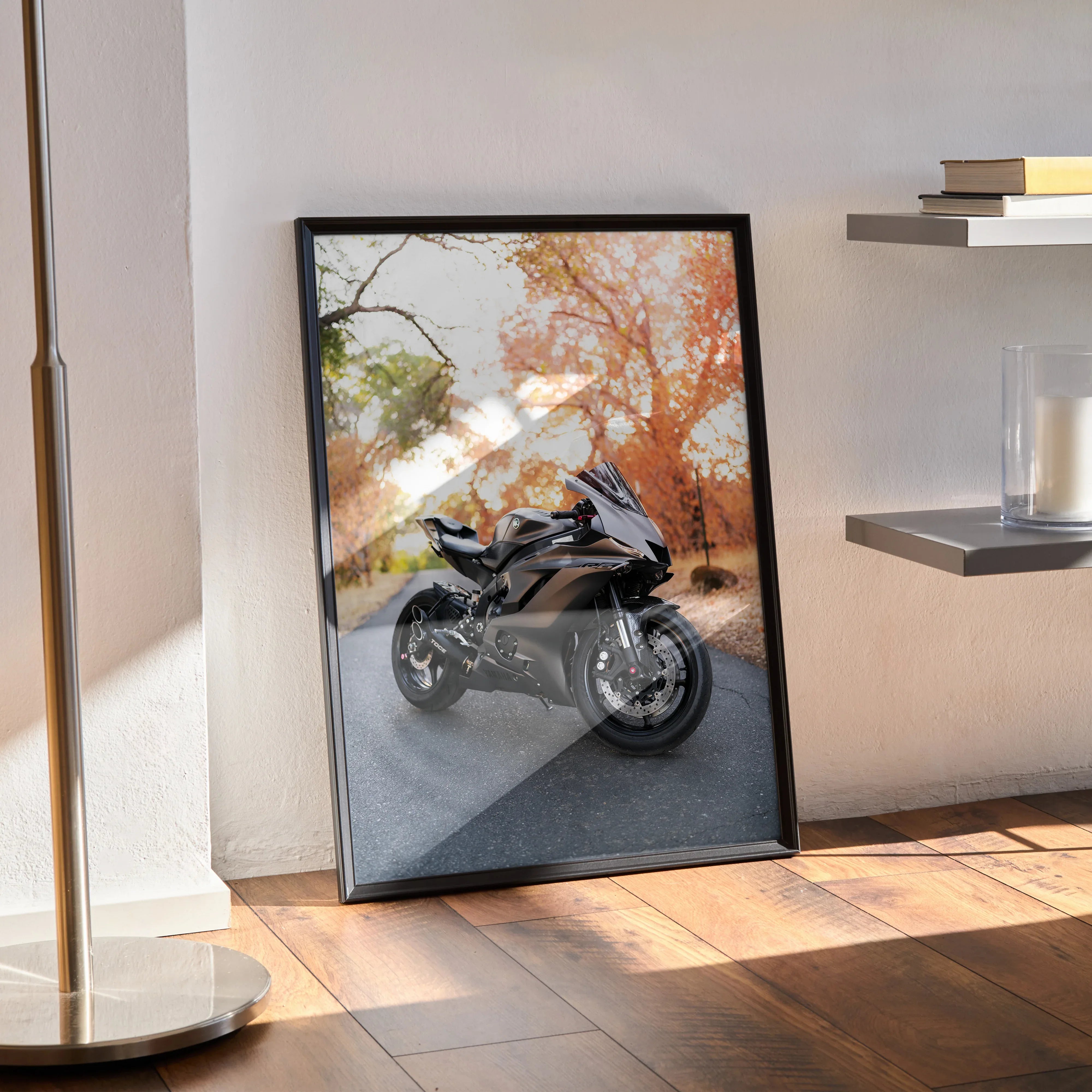 Yamaha R6 motorcycle poster with autumn trees background framed as wall art.