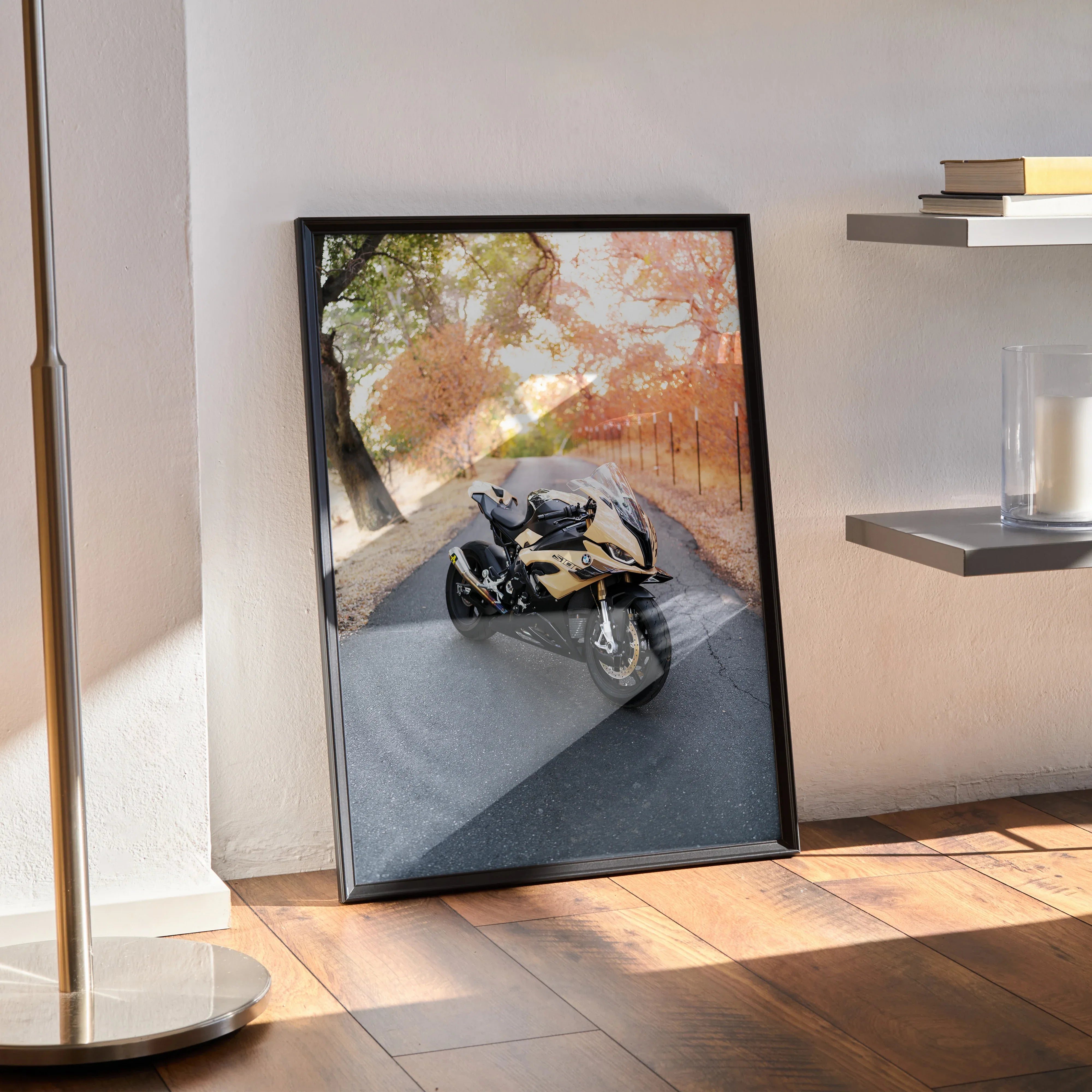 BMW S1000RR motorcycle poster with autumn road scene, framed wall art in black frame.
