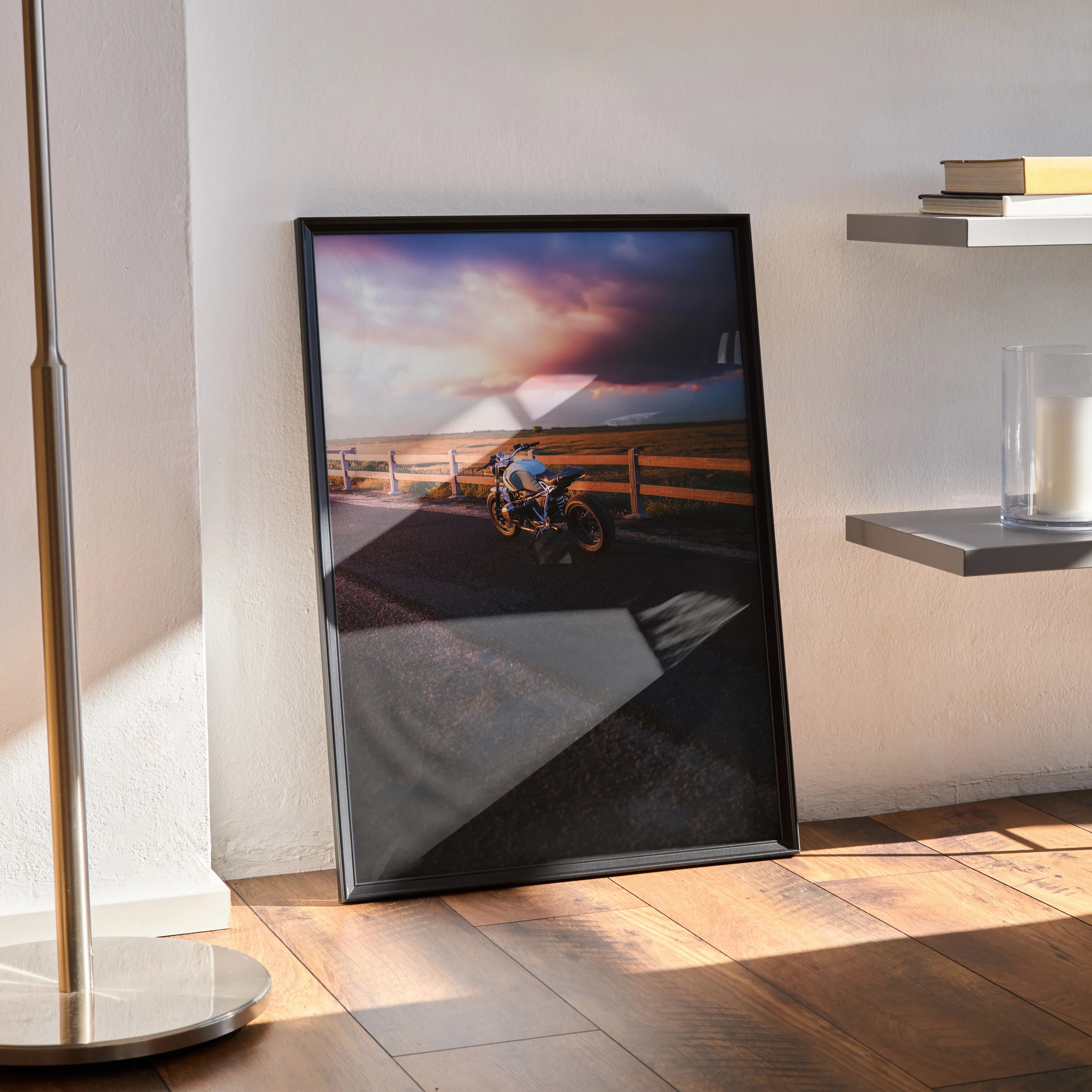 BMW R Nine T motorcycle poster with sunset sky, modern wall art in black frame.