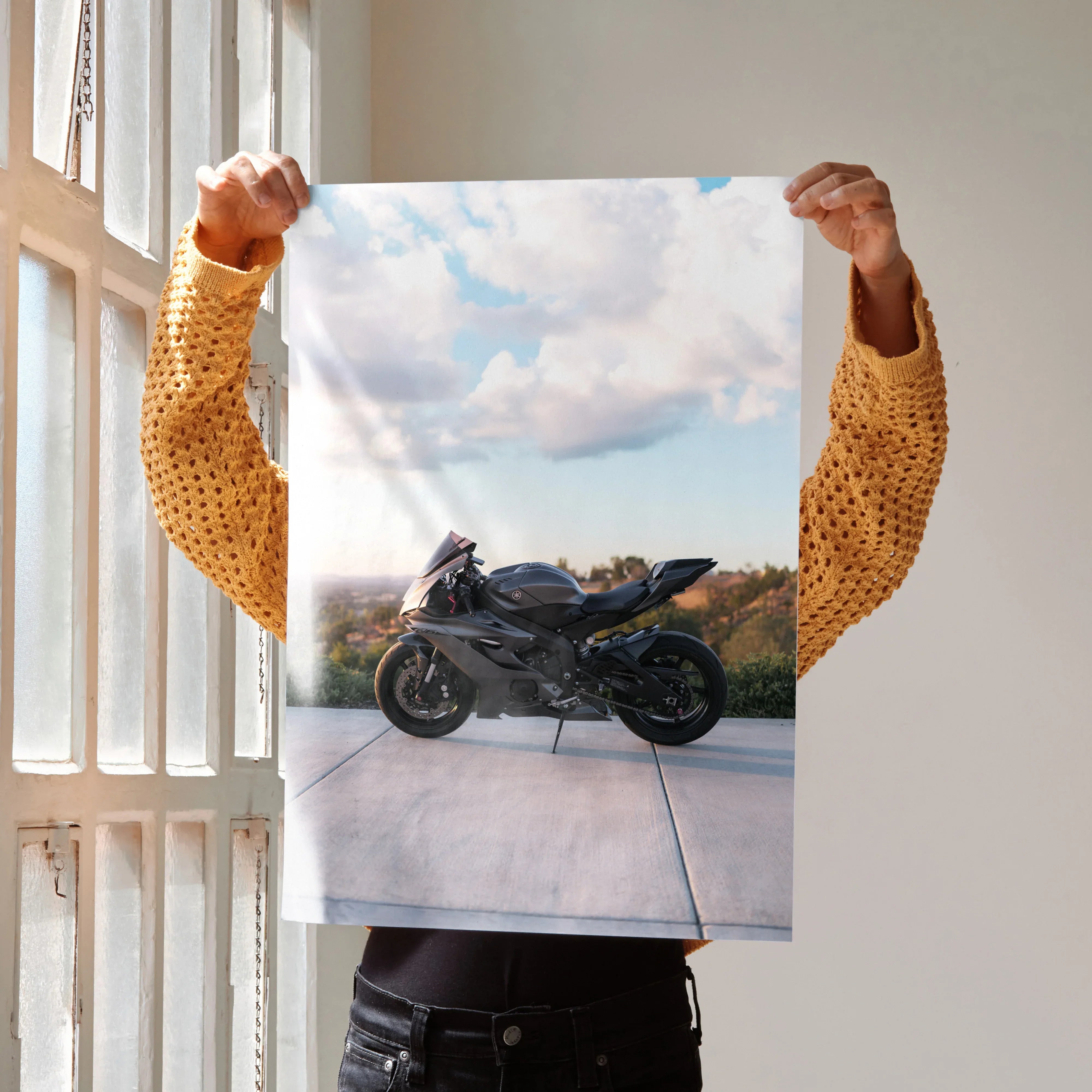 Yamaha R6 motorcycle poster wall art with blue sky and open road background.