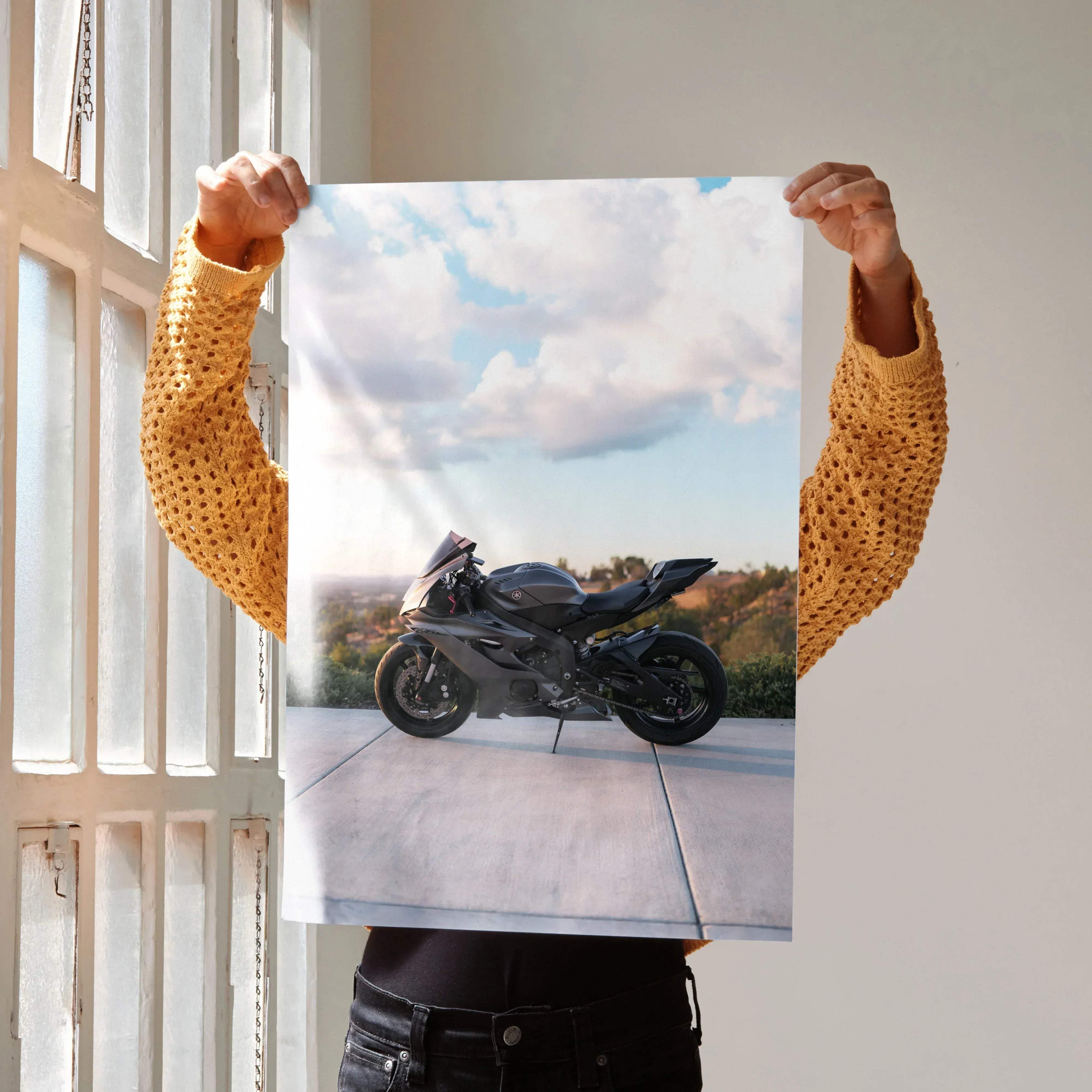 Rectangular poster featuring a black matte-finish Yamaha R6 sport motorcycle print for wall decoration