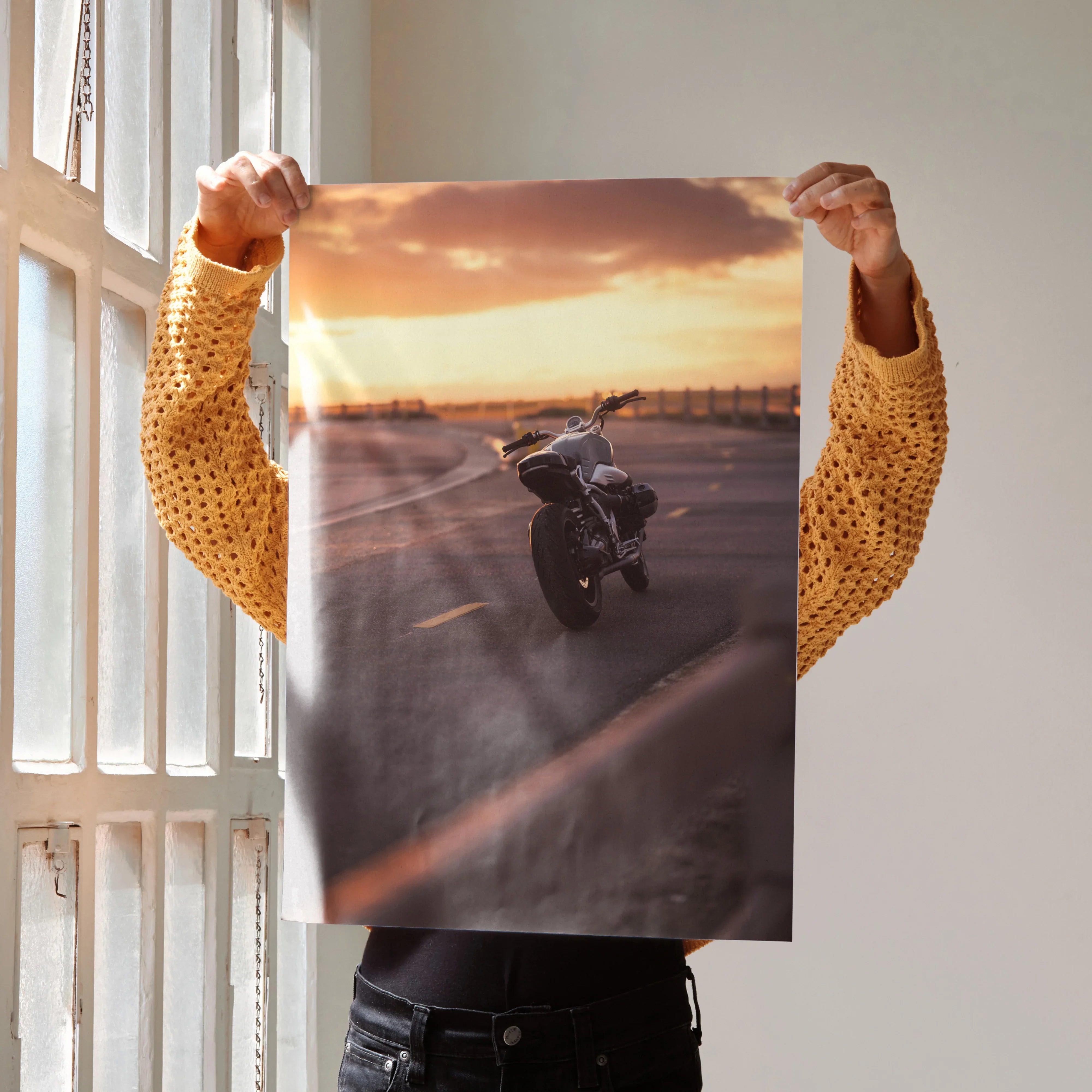 BMW R Nine T motorcycle poster with sunset background, stylish wall art for decor.
