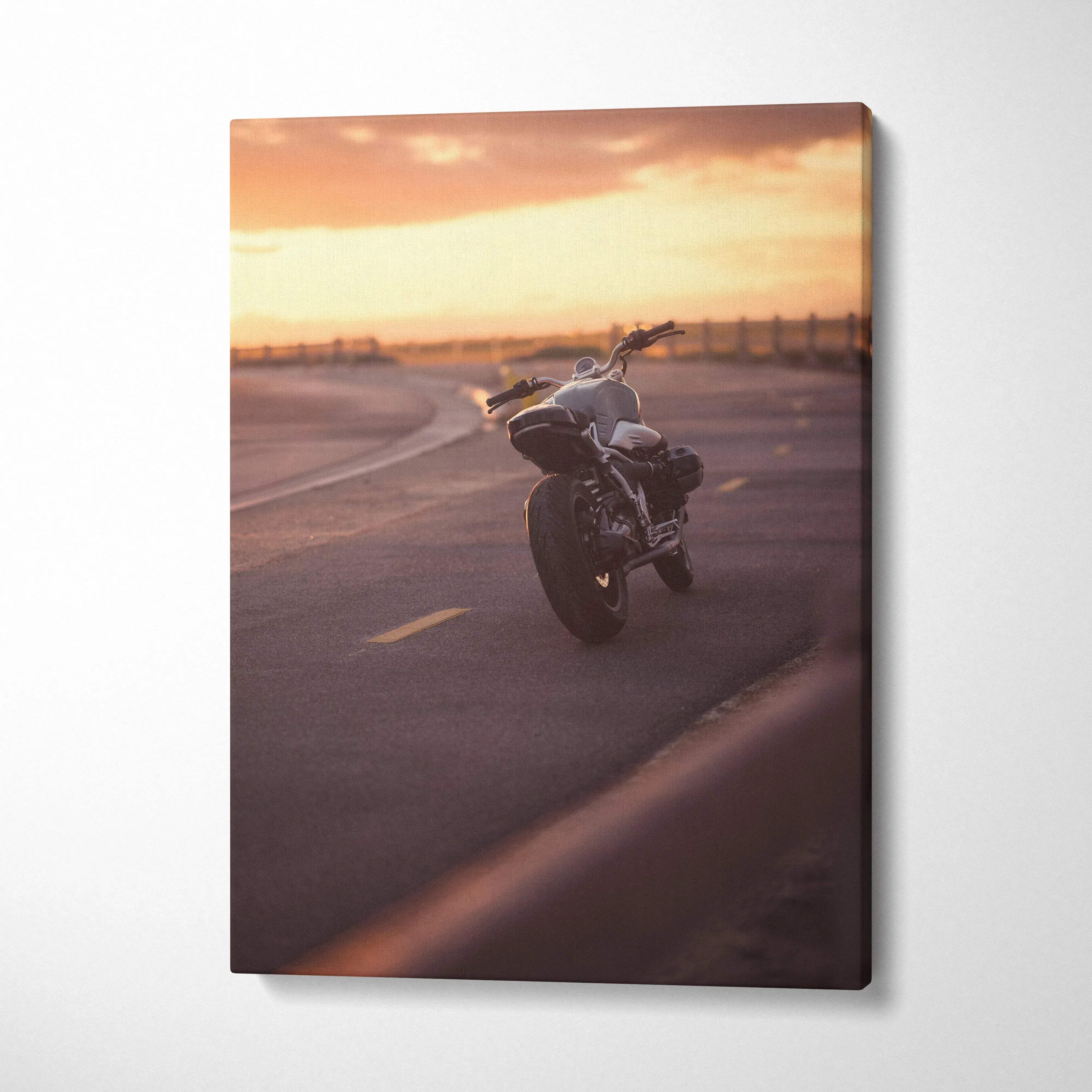 BMW R Nine T motorcycle at sunset on canvas wall art with warm tones and smooth texture.