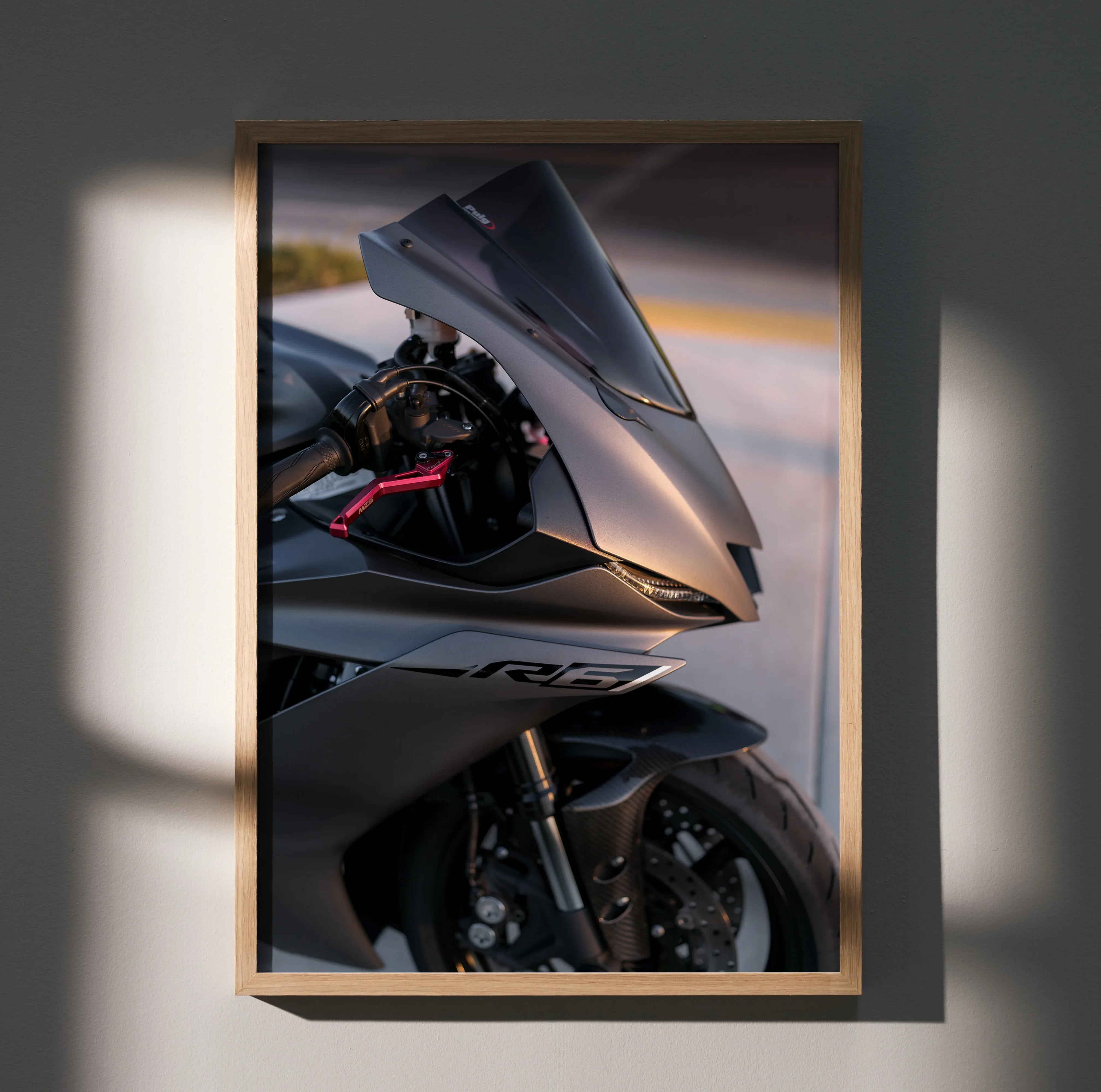 Yamaha R6 sport motorcycle close-up poster wall art with sleek black and silver design.