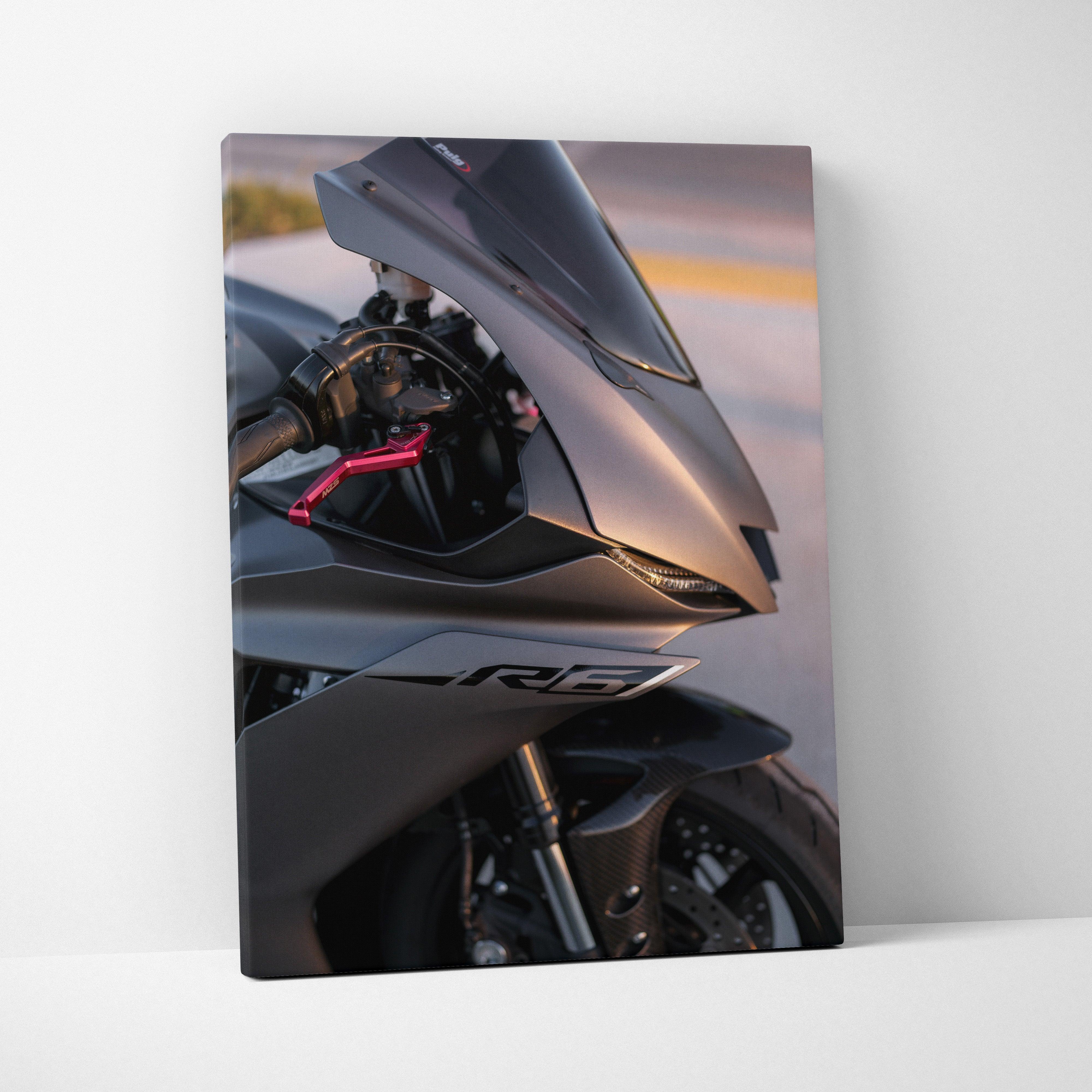 Yamaha R6 motorcycle close-up on sleek gray canvas wall art with vertical orientation and glossy finish.