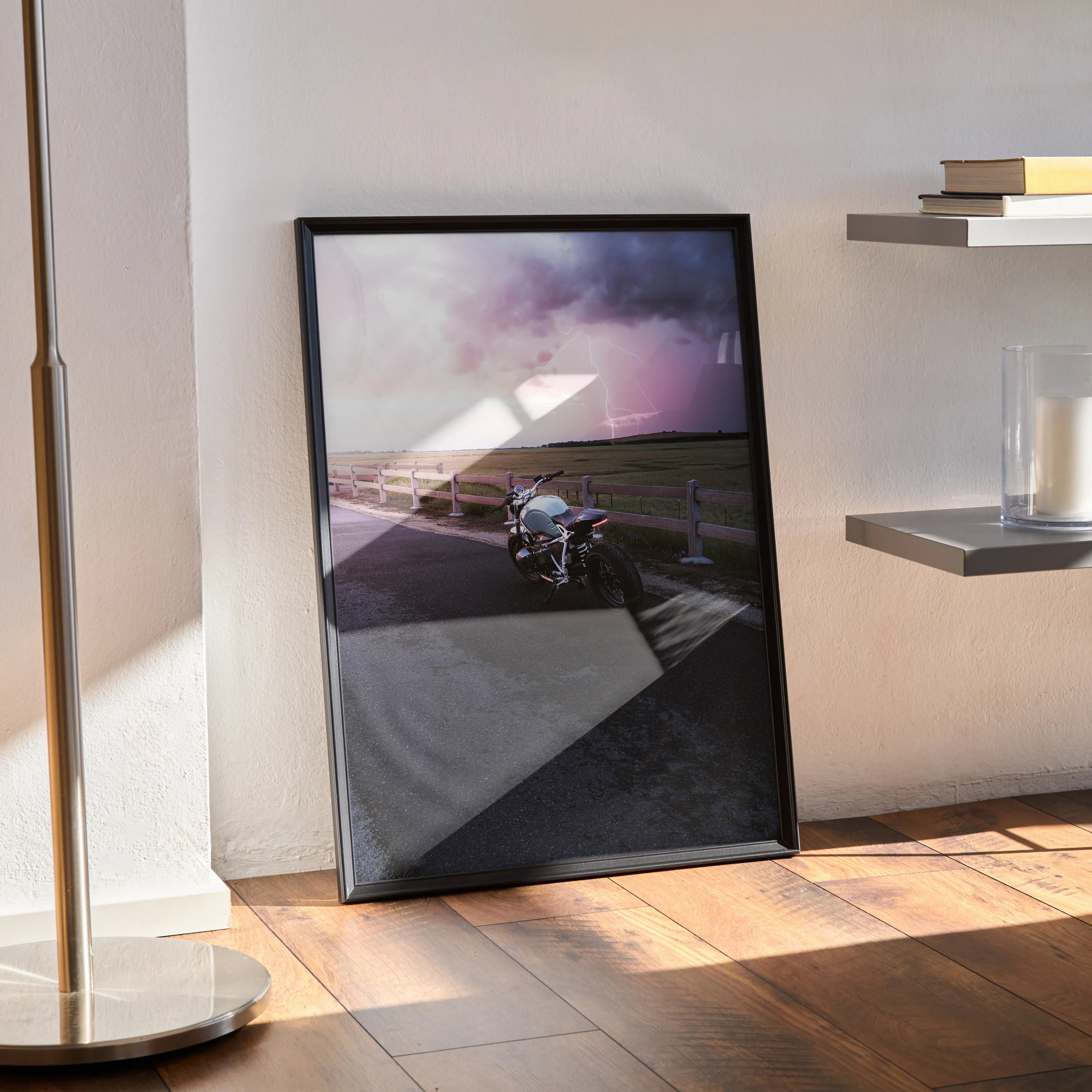 BMW R Nine T motorcycle poster with dramatic purple sky, premium satin wall art in black frame.