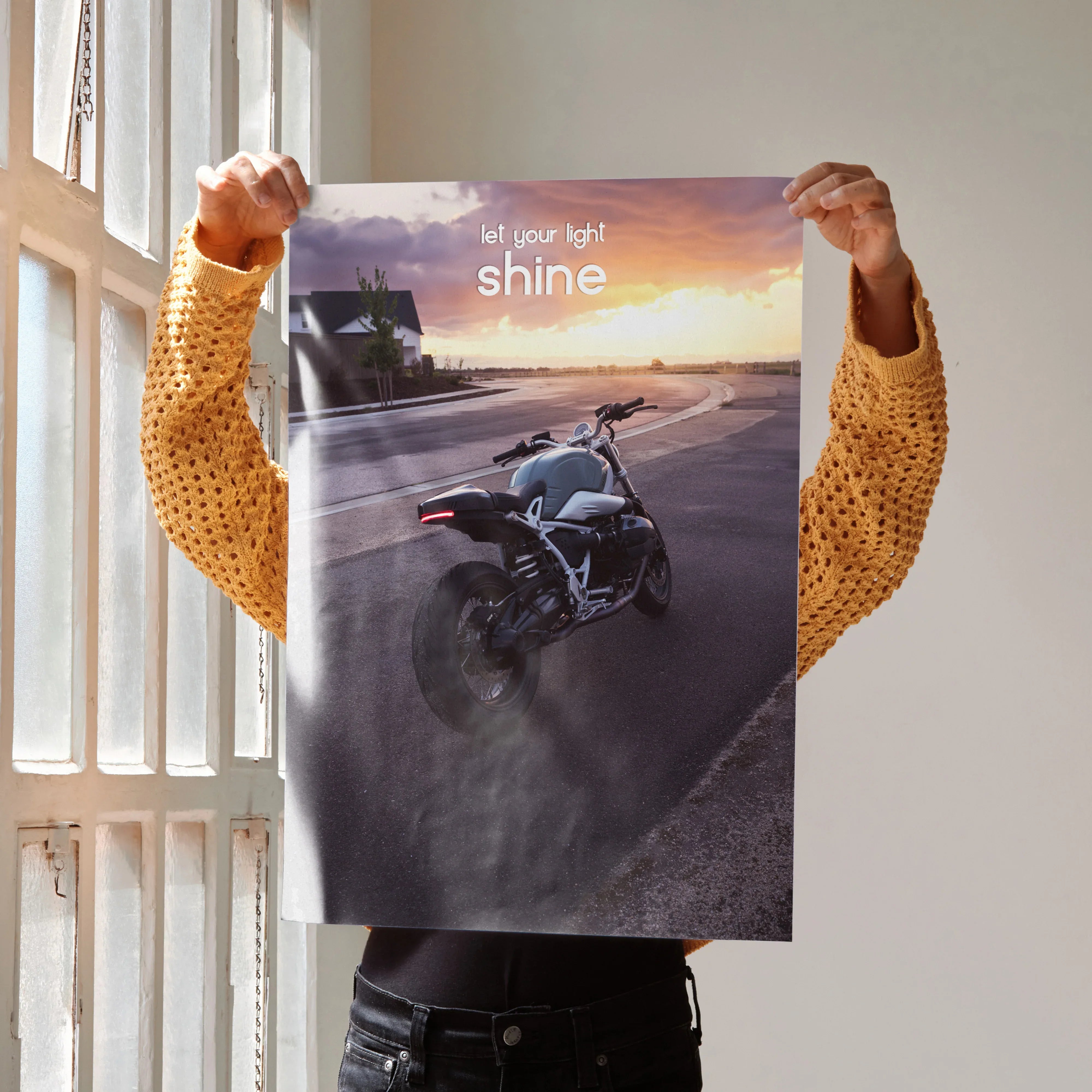 Motivational BMW R Nine T poster with inspiring "Let your light shine" text, wall art featuring motorcycle at sunset.