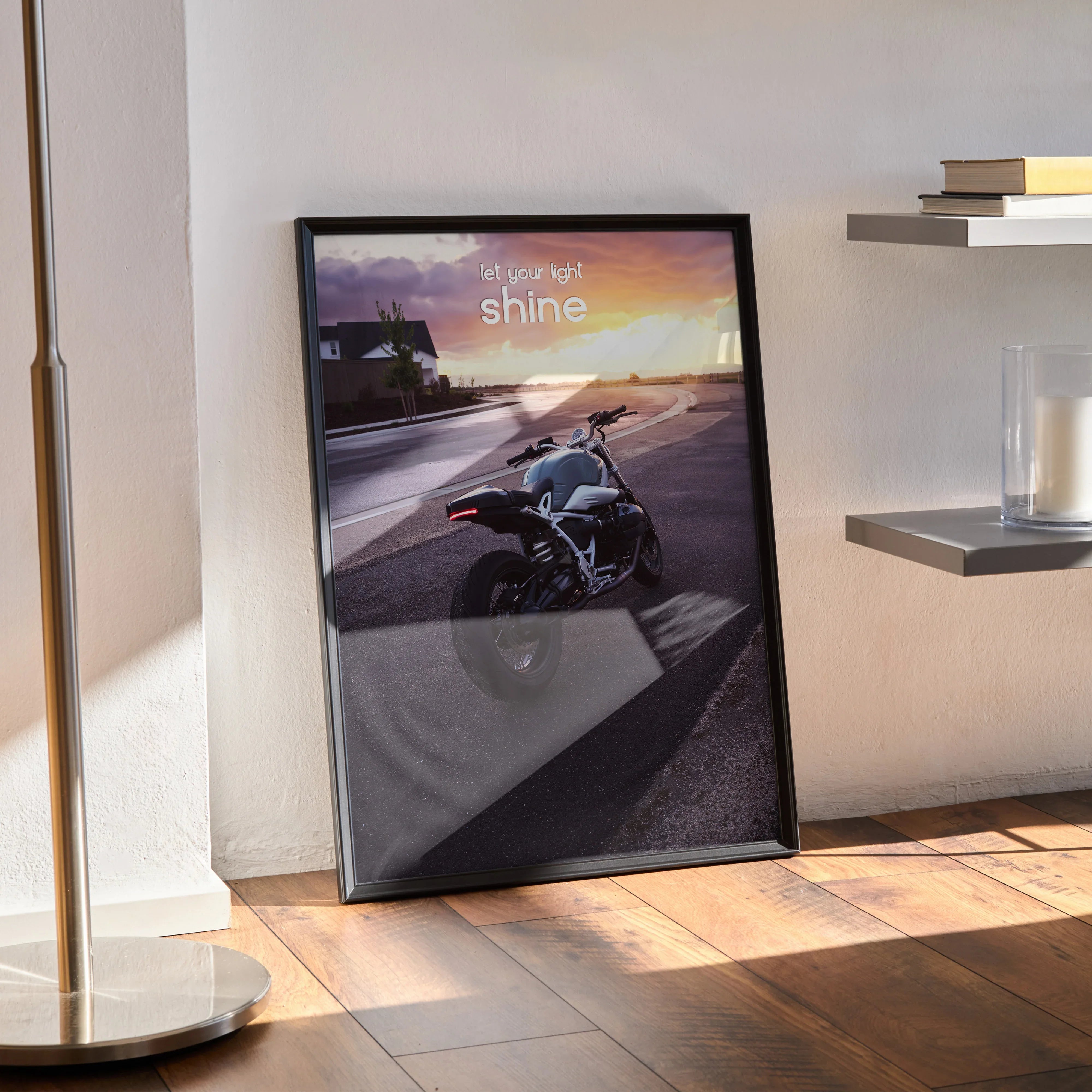 BMW R Nine T motorcycle poster with inspiring "Rise and shine" text wall art in black frame.