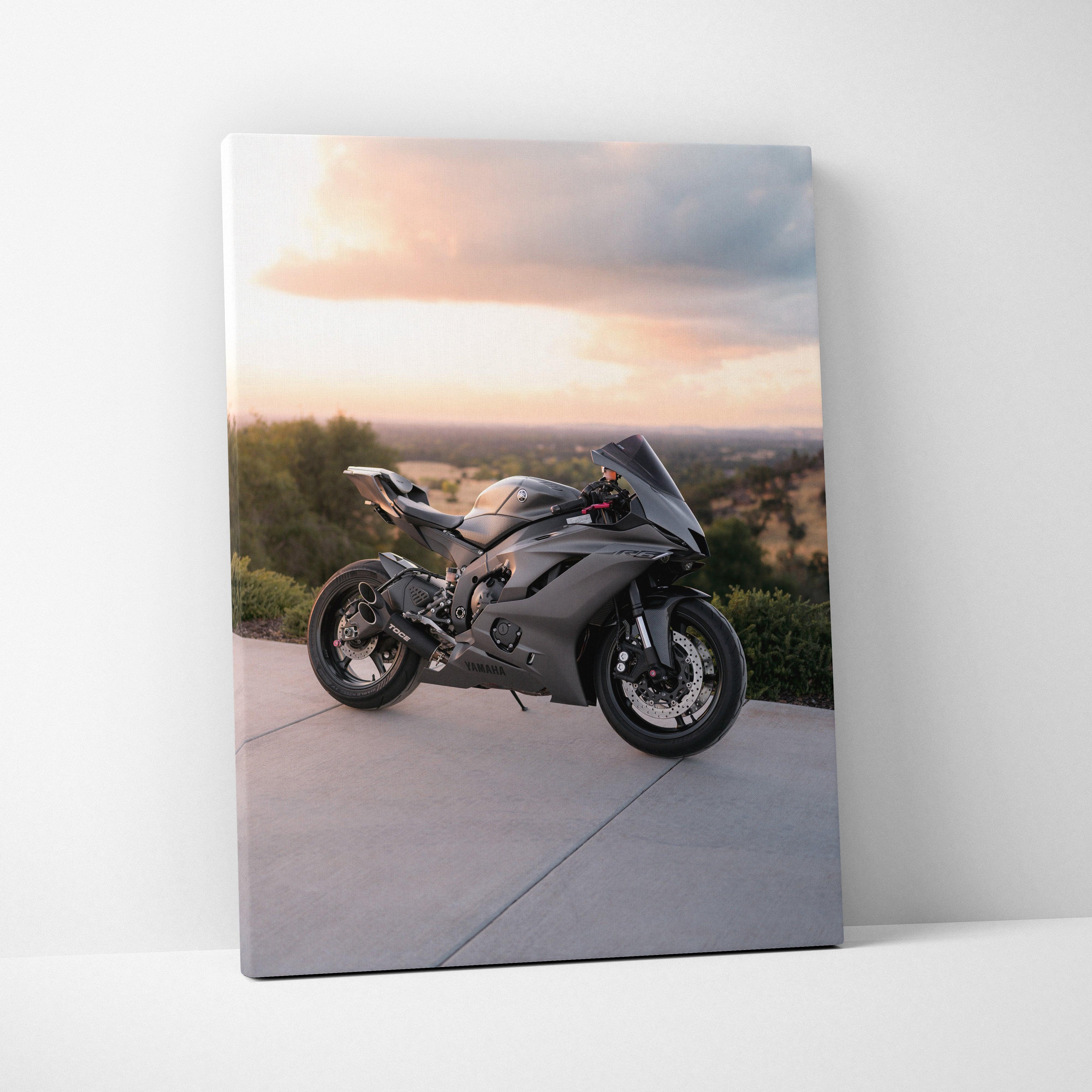 Yamaha R6 motorcycle canvas art with sunset backdrop, vertical wall art print.