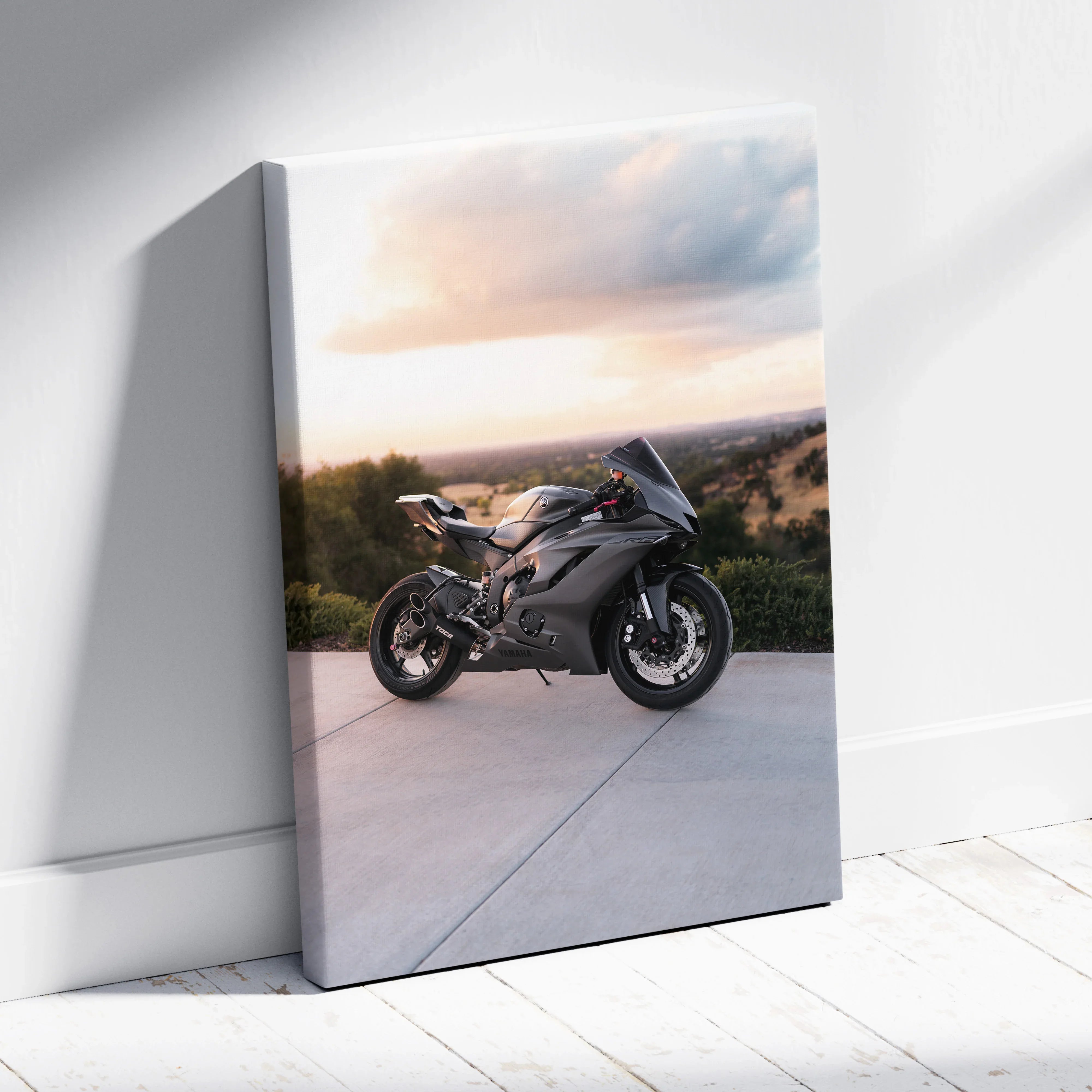 Vertical Yamaha R6 motorcycle canvas art with sunset background wall art print.