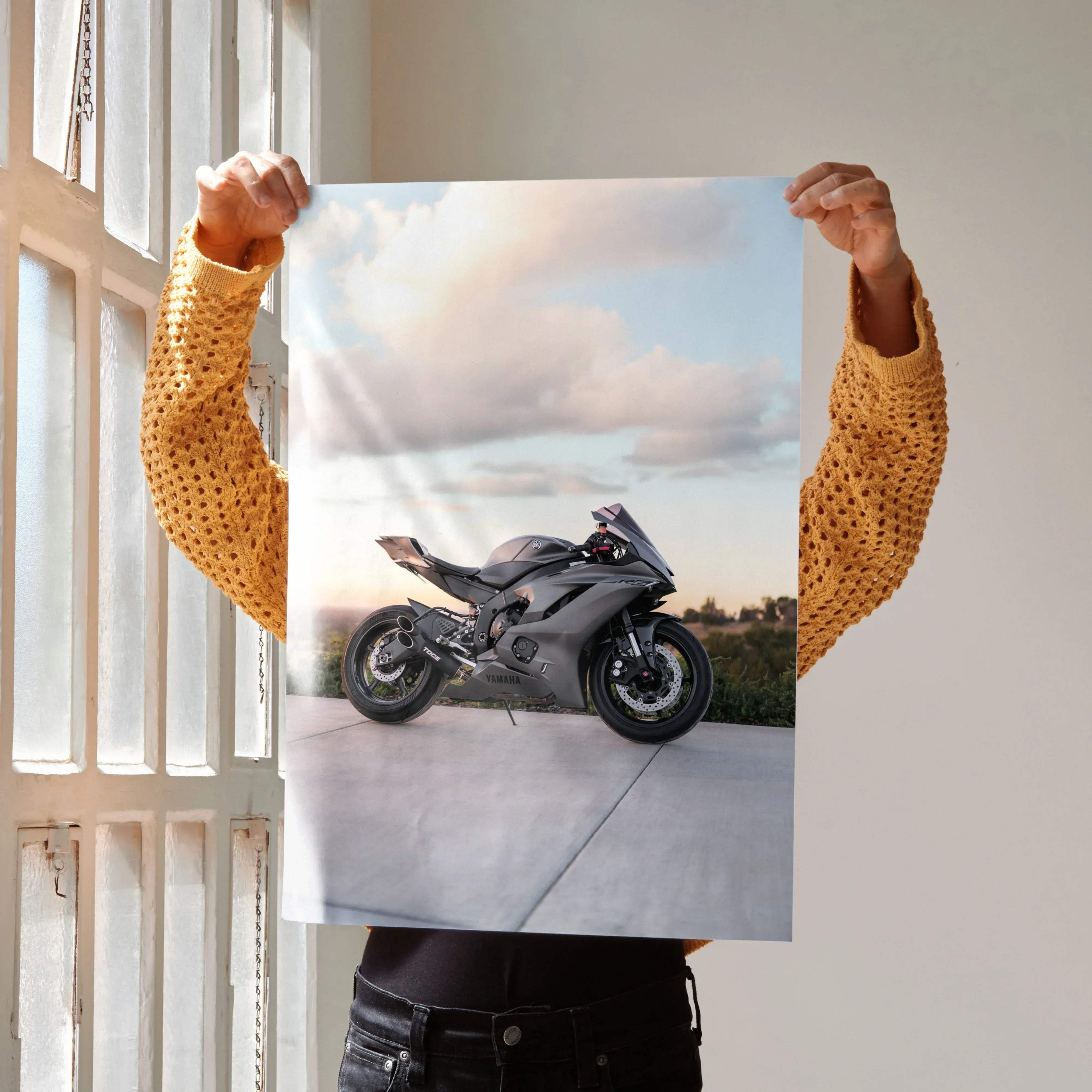 Gray Yamaha R6 sport motorcycle poster featuring a sleek aerodynamic design with black accents and visible branding