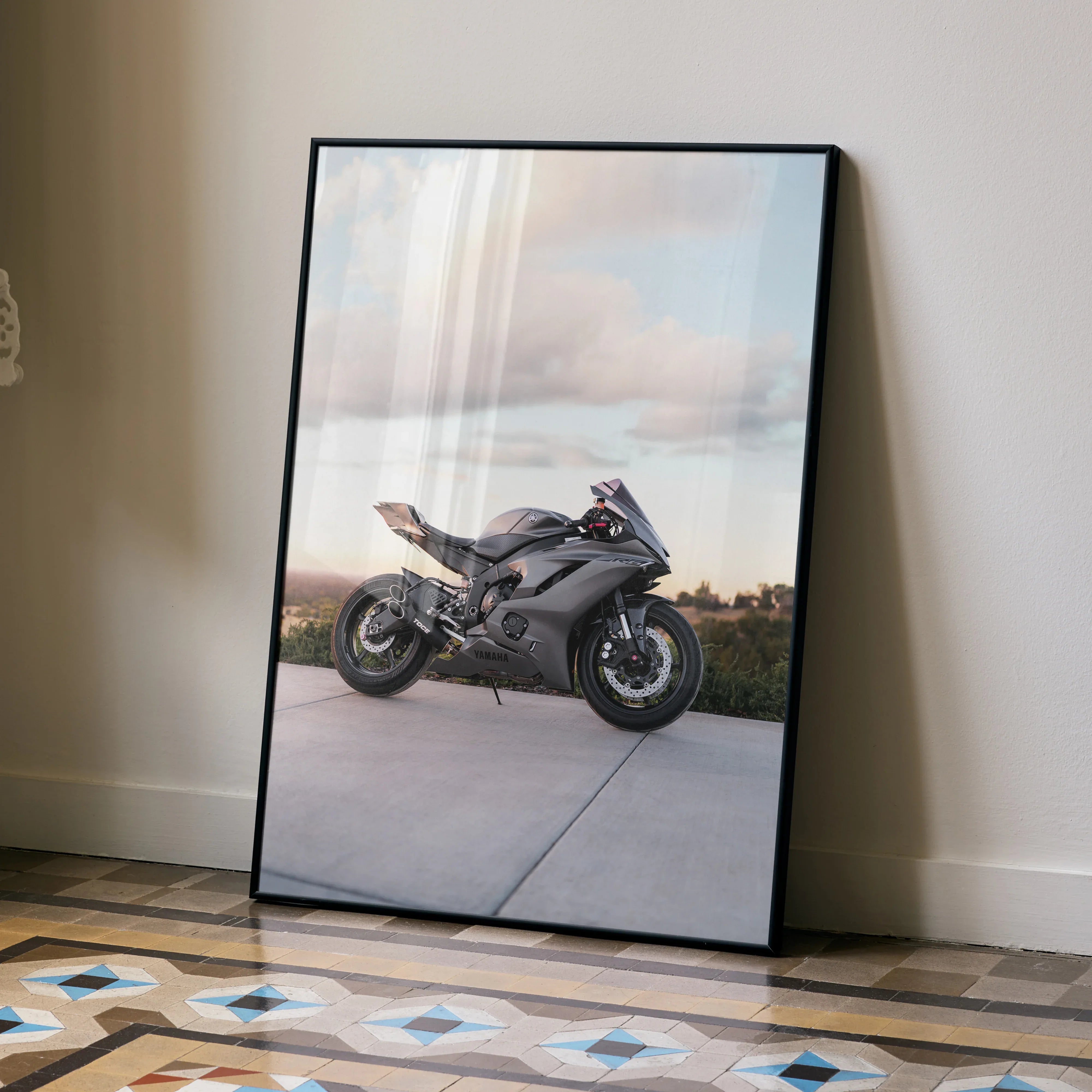 Yamaha R6 motorcycle black sports bike poster leaning on wall, modern wall art.