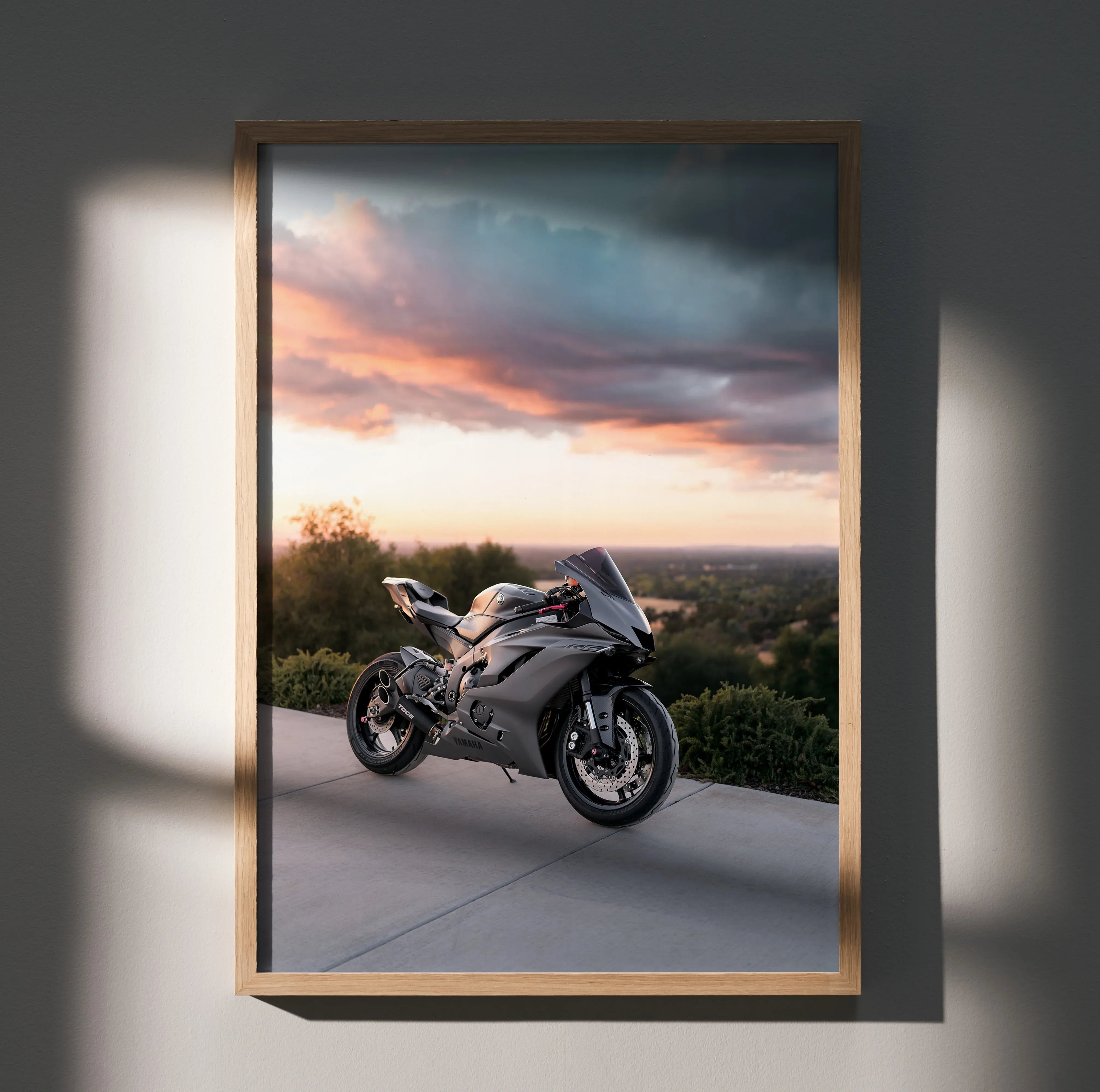 Yamaha R6 motorcycle poster with sunset sky, modern sportbike wall art in wooden frame.