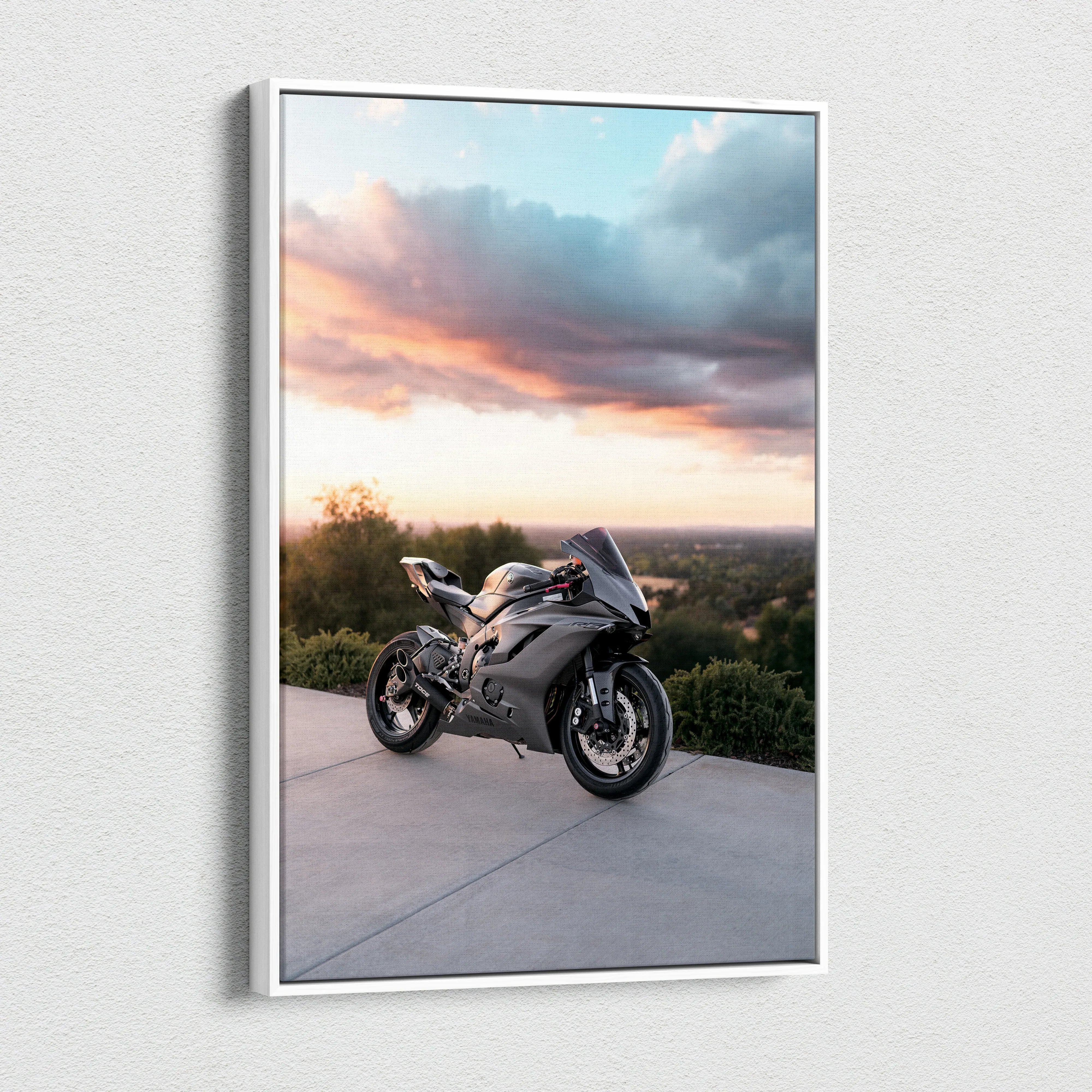 Yamaha R6 motorcycle canvas art with sunset sky background, vertical wall art print.