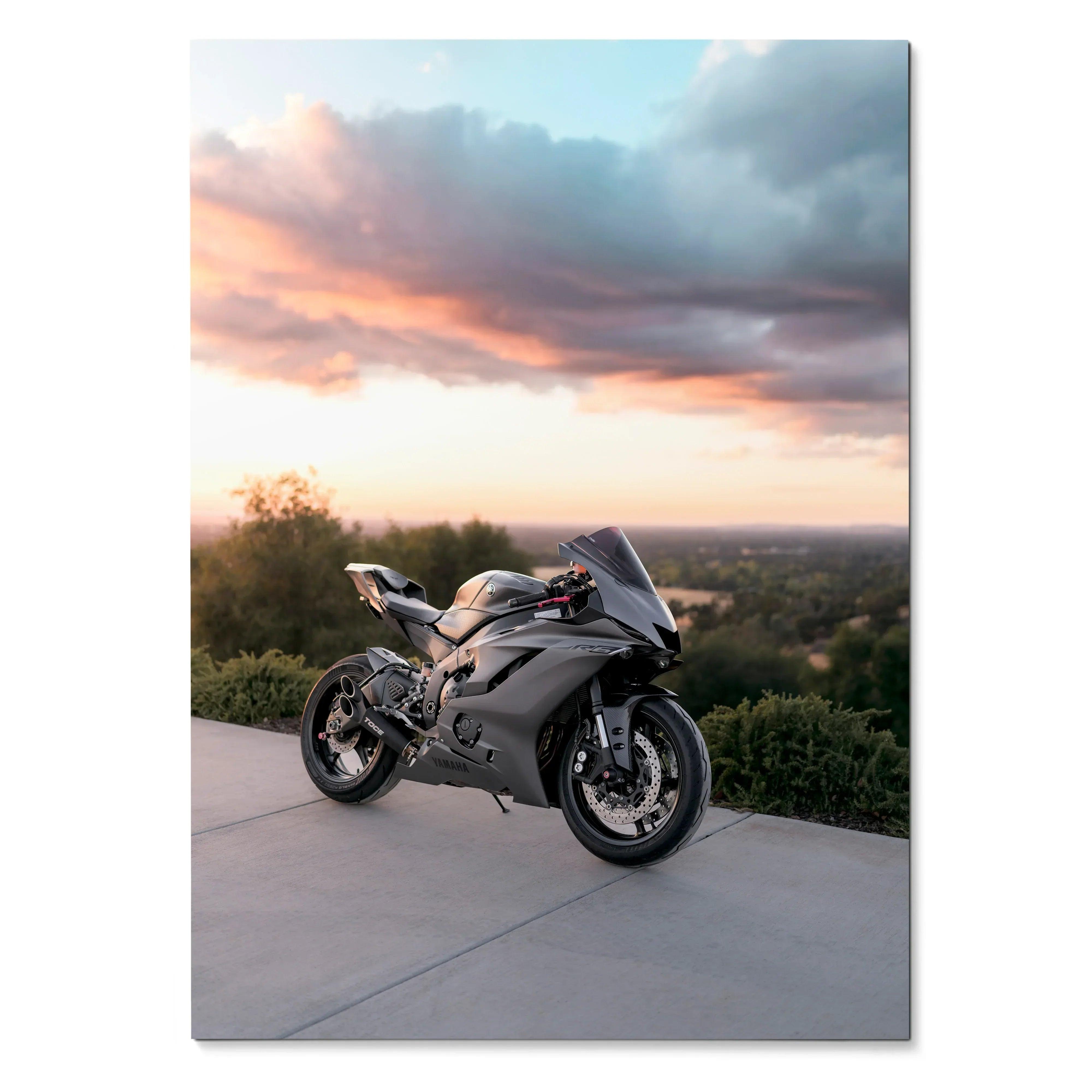 Yamaha R6 motorcycle parked on concrete against sunset sky poster wall art.