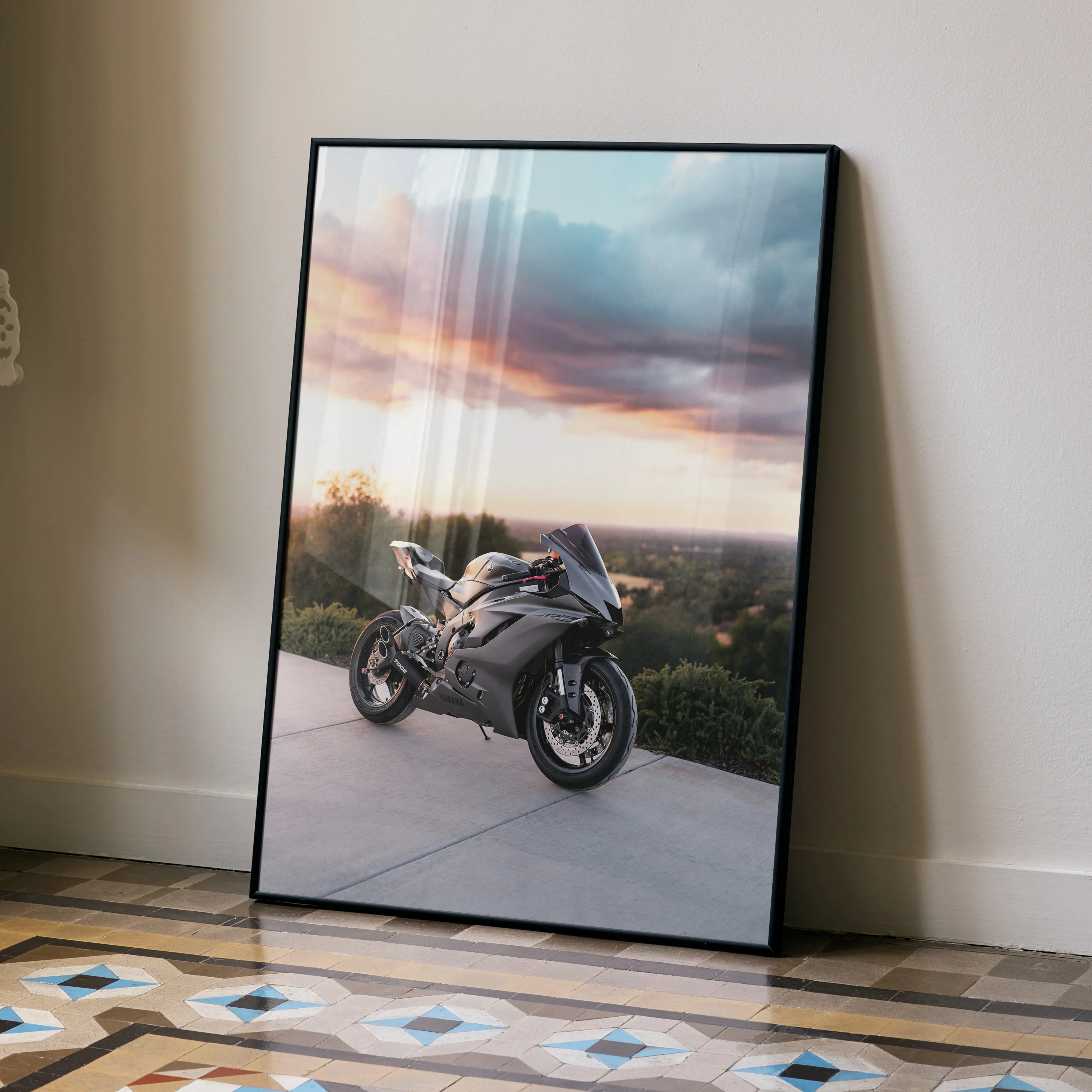 Yamaha R6 motorcycle poster with sunset background framed as stylish wall art.