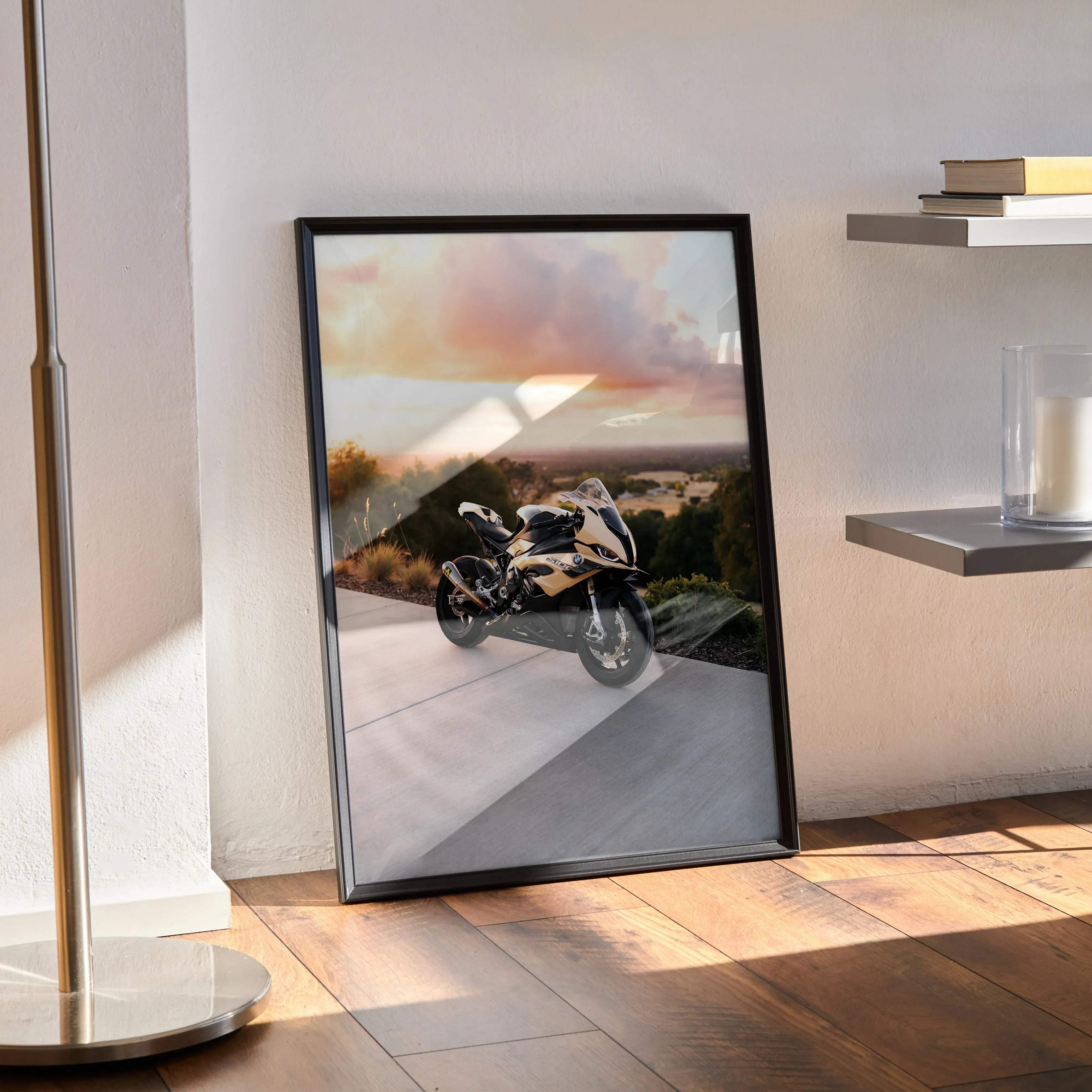 Black-framed BMW inspired S1000RR poster featuring a sleek gold and black sportbike against a sunset landscape