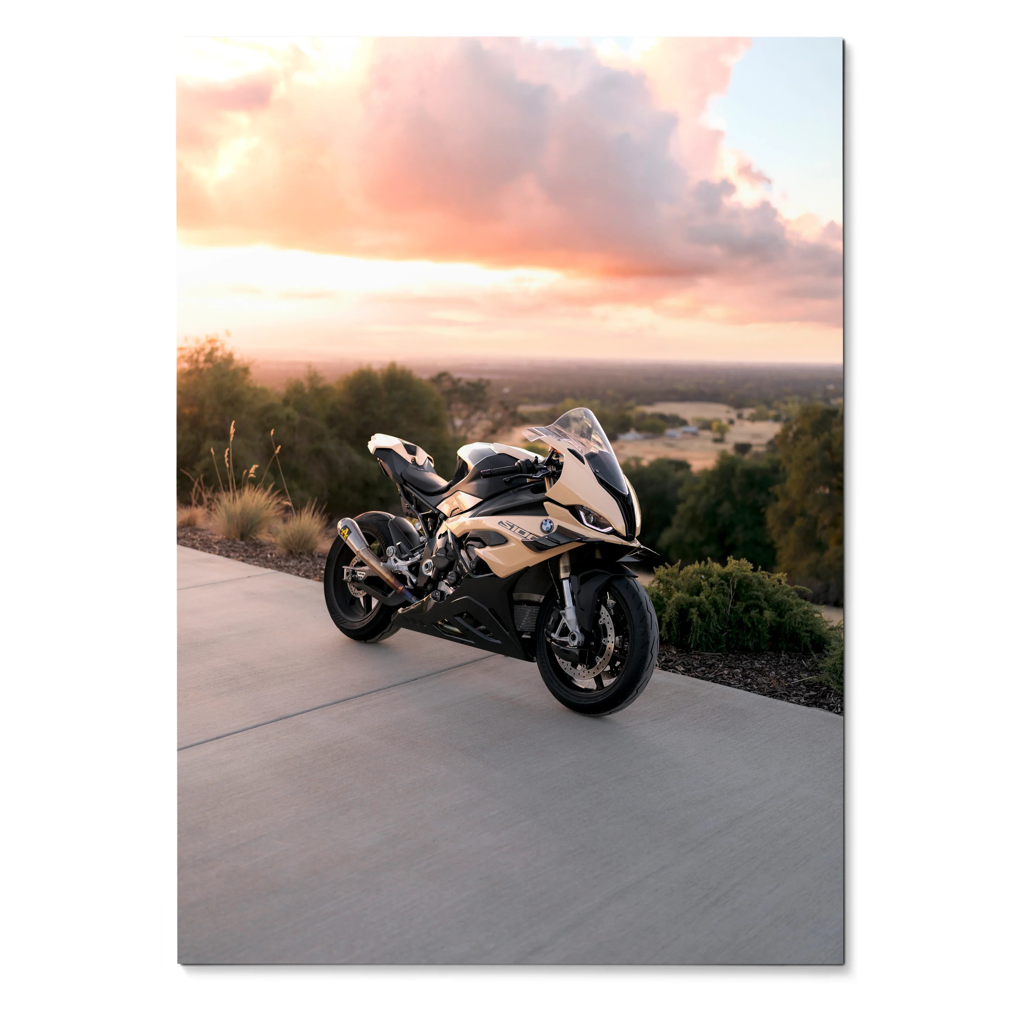 BMW S1000RR motorcycle poster with sunset background, sleek sports bike wall art.