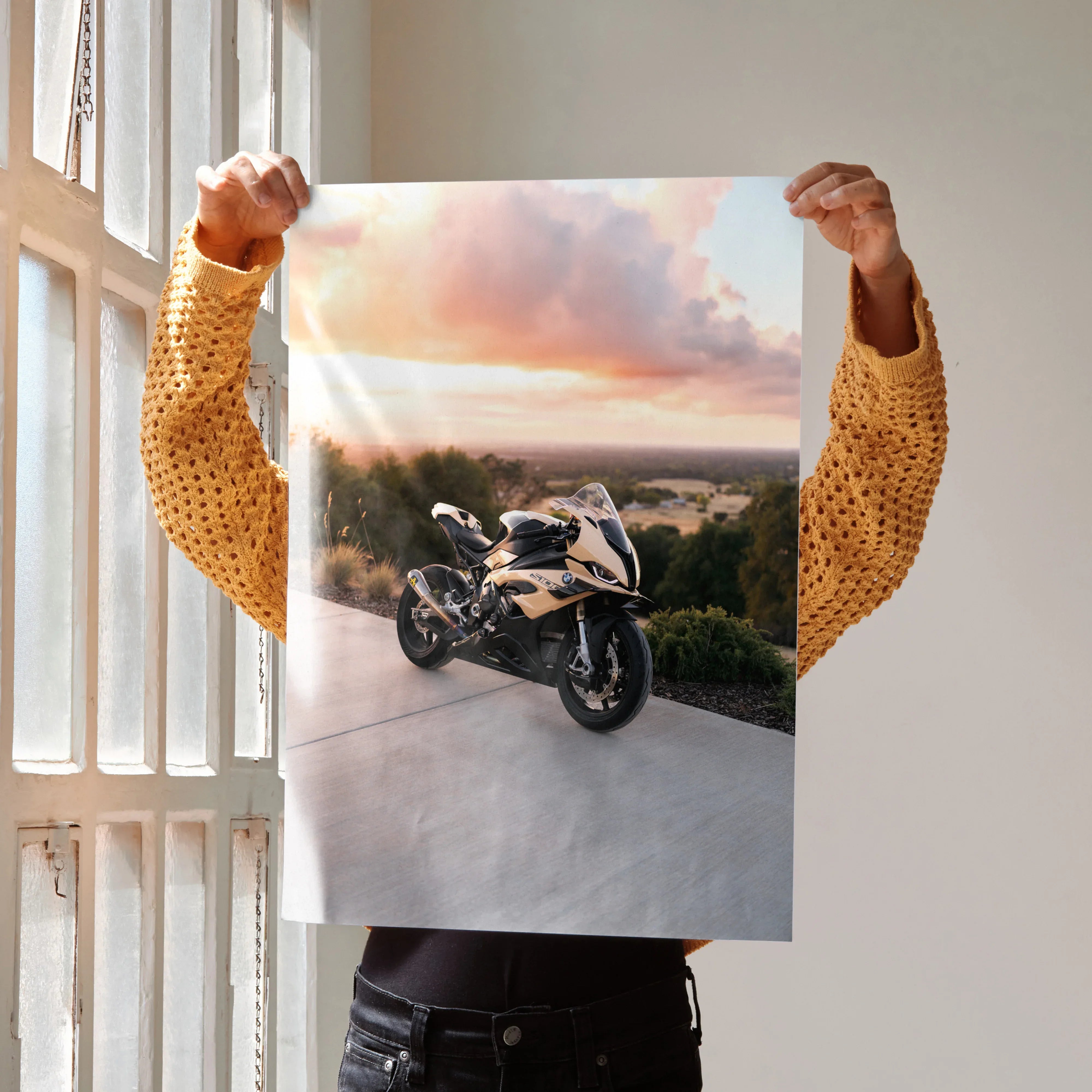 BMW S1000RR motorcycle parked at sunset on concrete, high-resolution poster wall art.