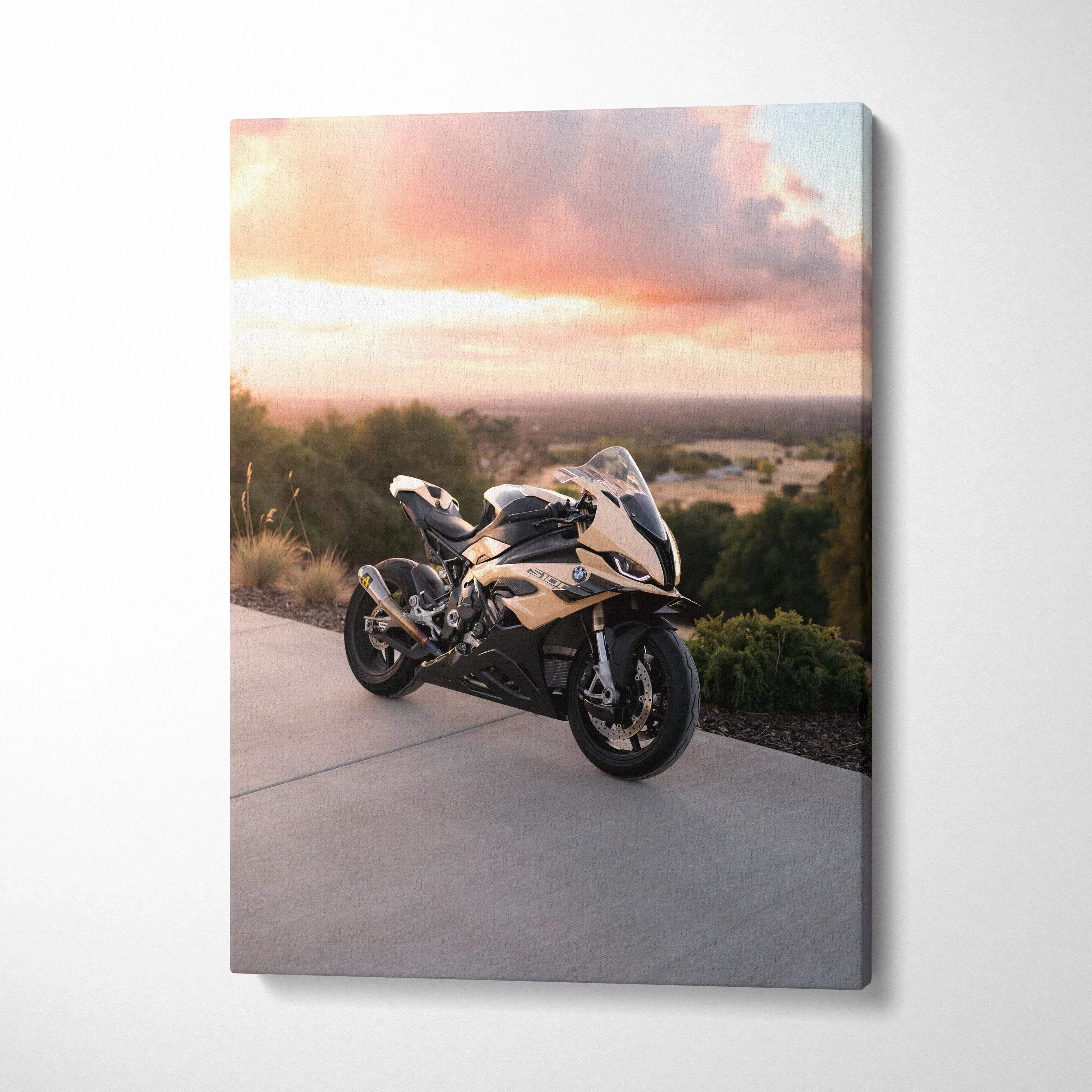 BMW S1000RR motorcycle canvas art with sunset backdrop, vertical wall art print.