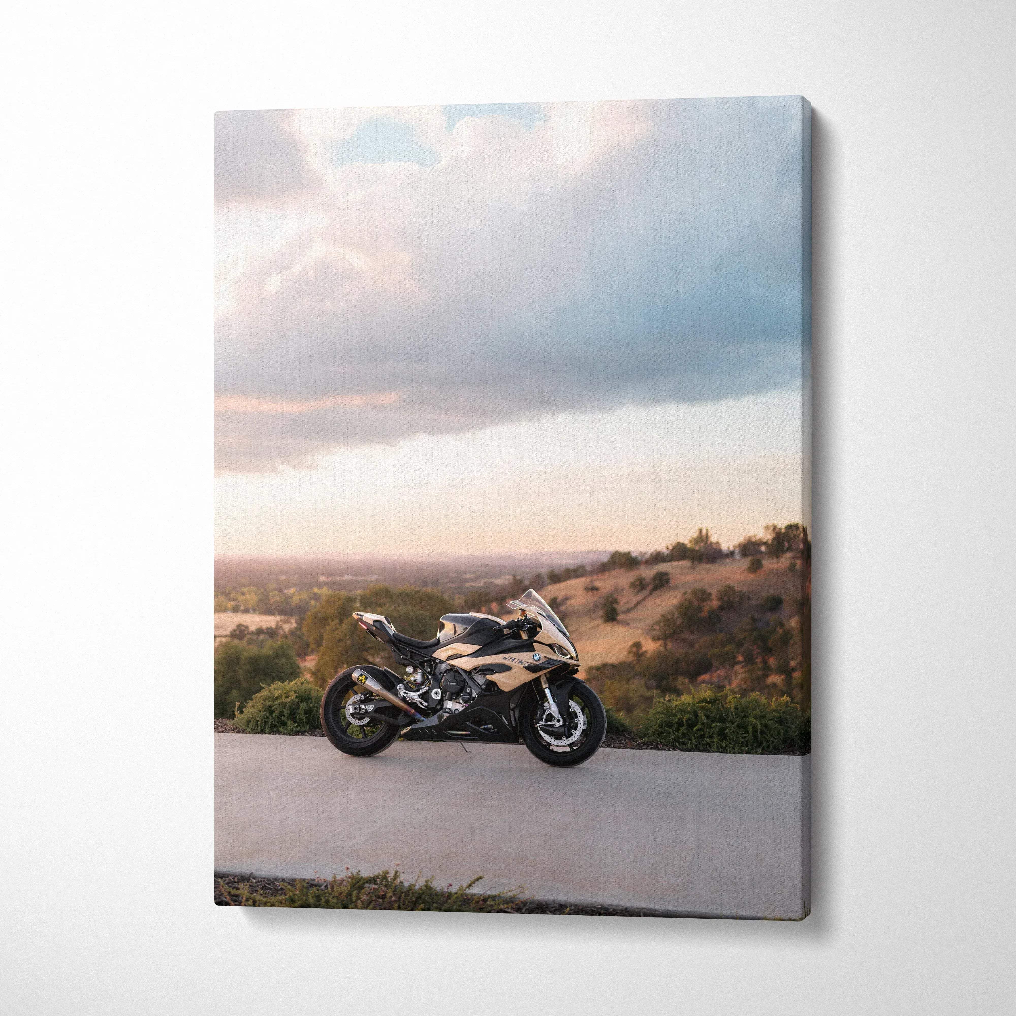 BMW S1000RR motorcycle canvas wall art with scenic sunset background, vertical canvas art print.
