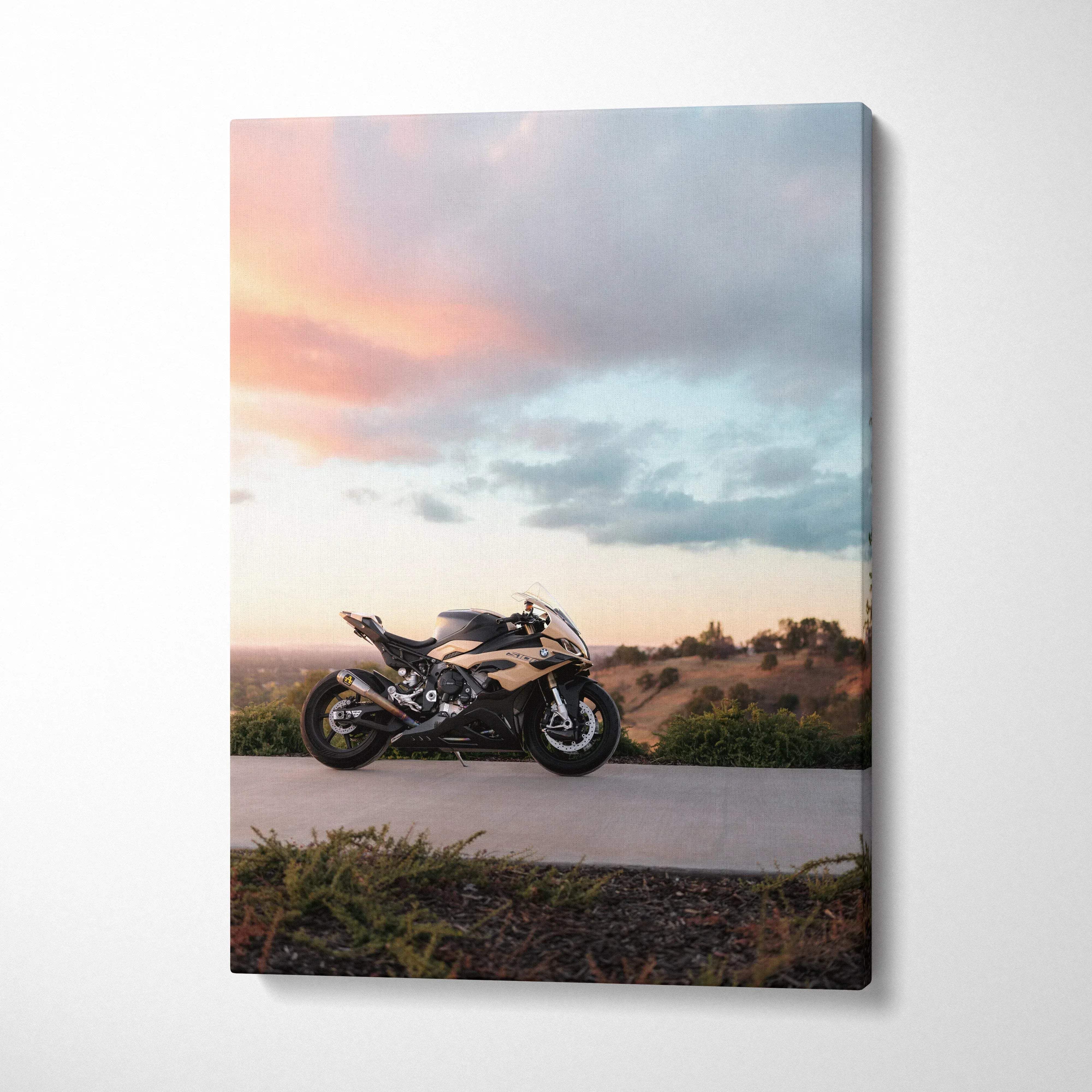 BMW S1000RR motorcycle displayed on canvas wall art with scenic sunset background and high-resolution details.
