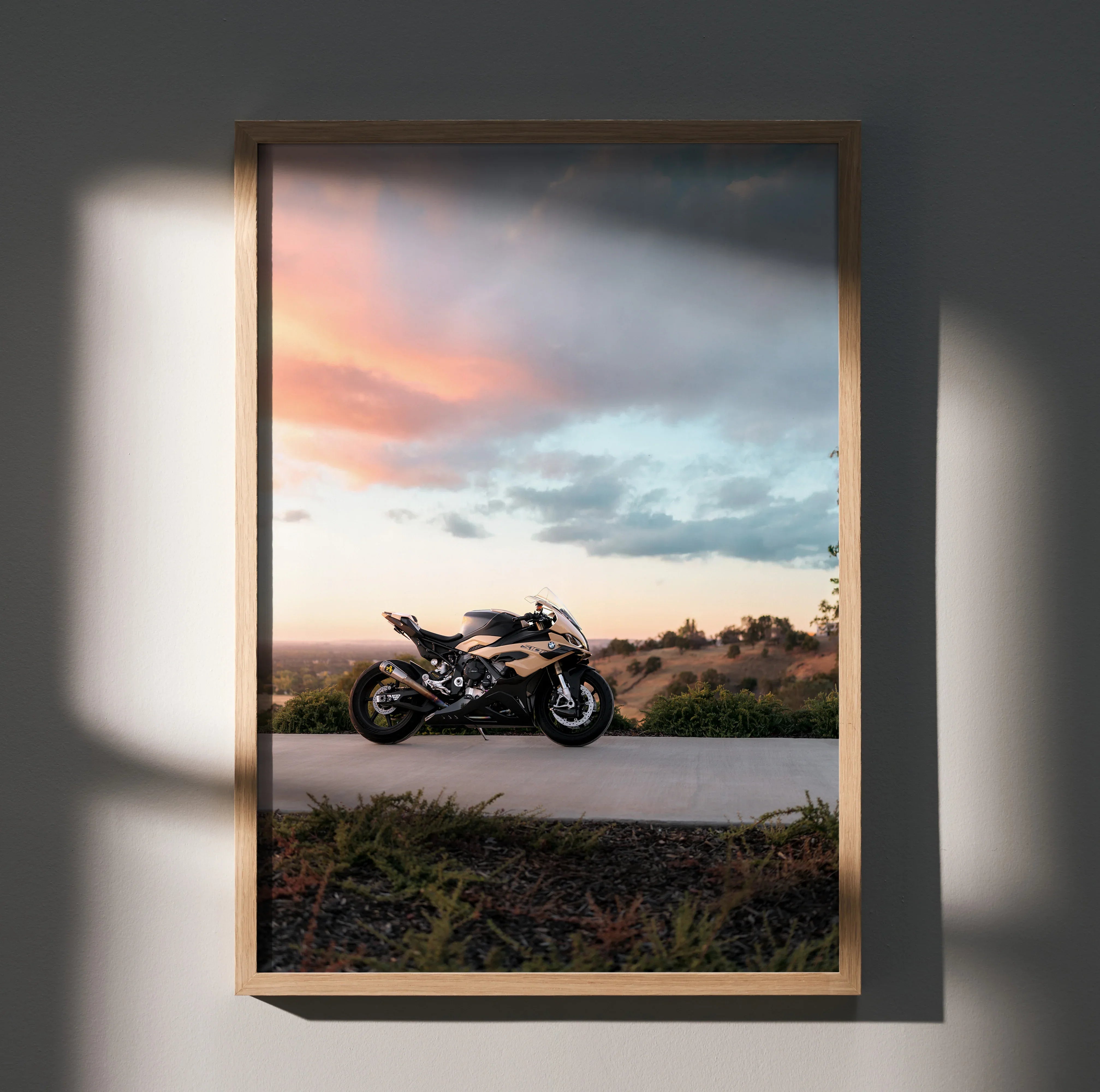 BMW S1000RR motorcycle poster with sunset sky background, framed wall art.