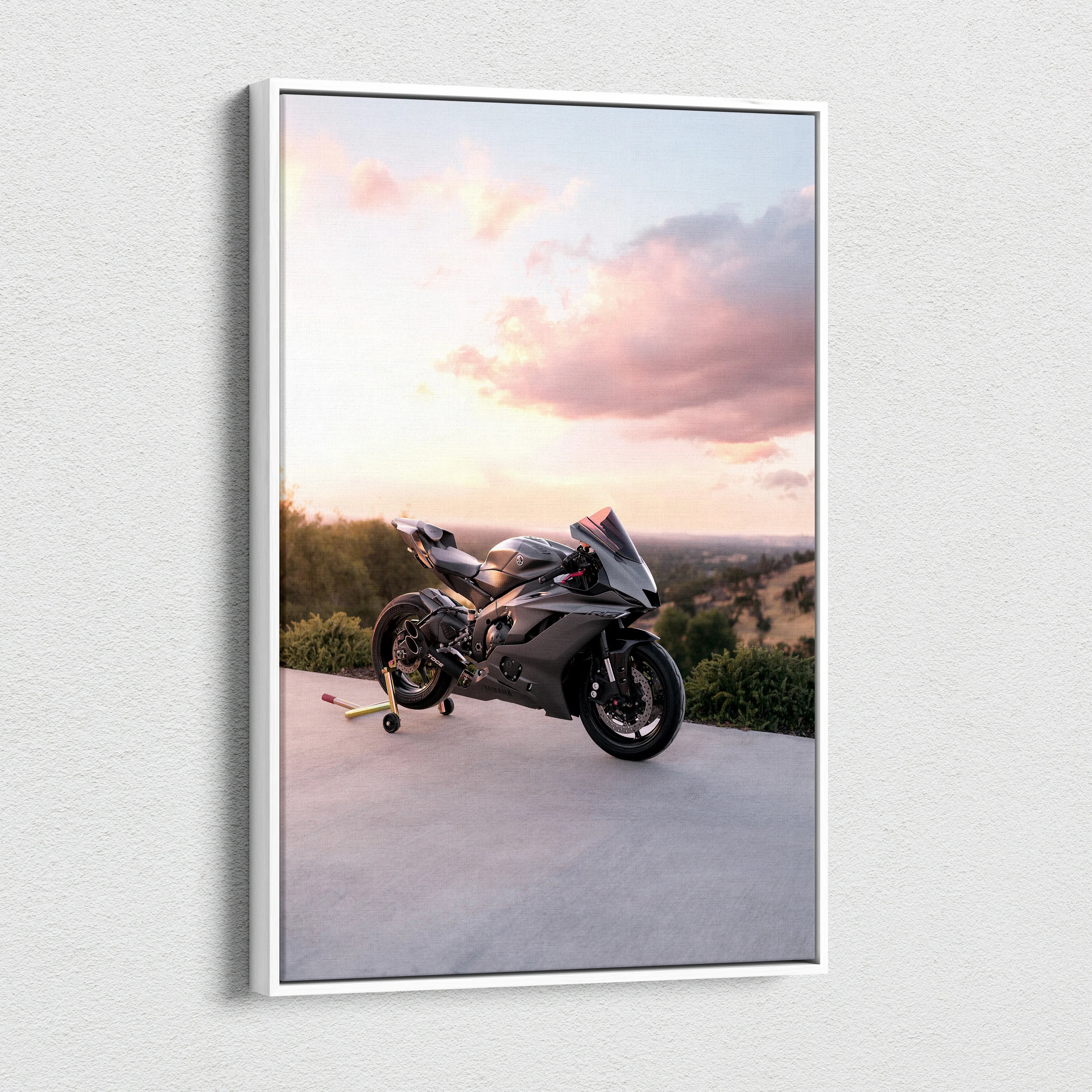 Yamaha R6 motorcycle canvas art with sunset sky, vertical wall art print.