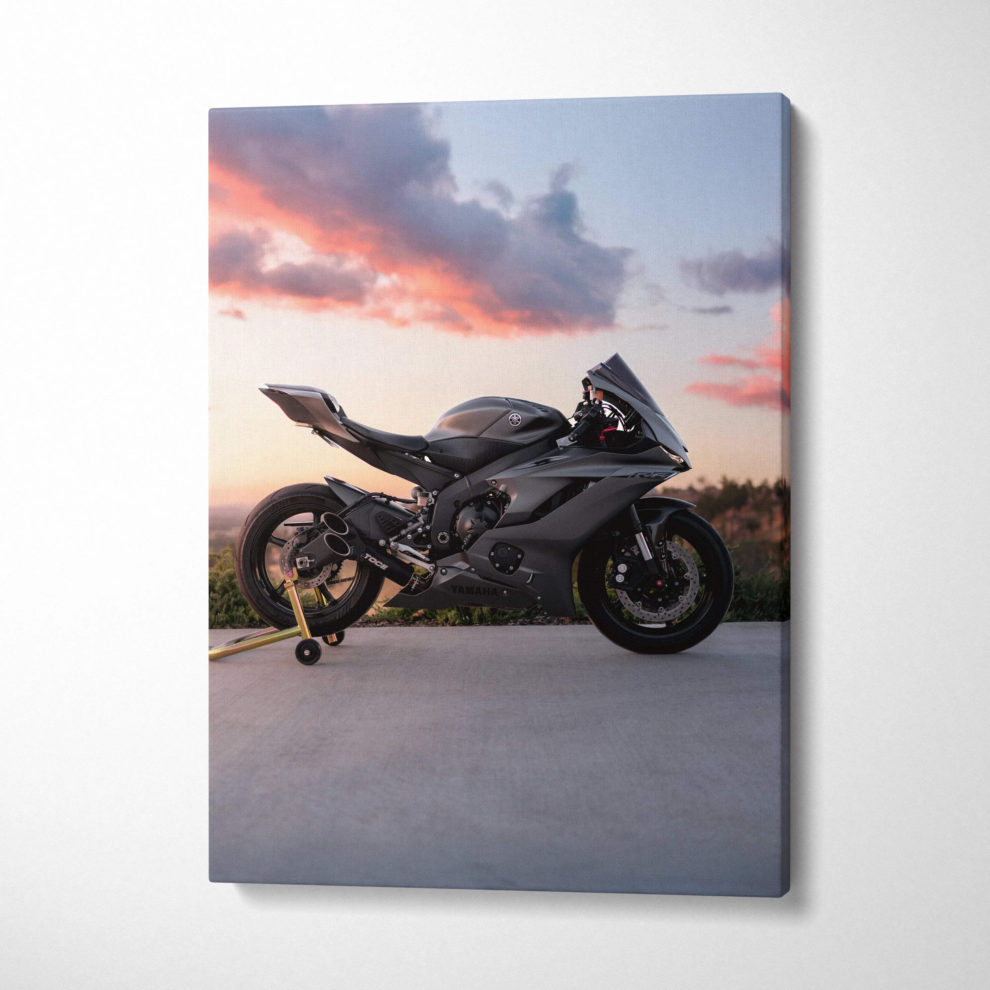 Yamaha R6 motorcycle canvas art with sunset sky background, vertical wall art print.