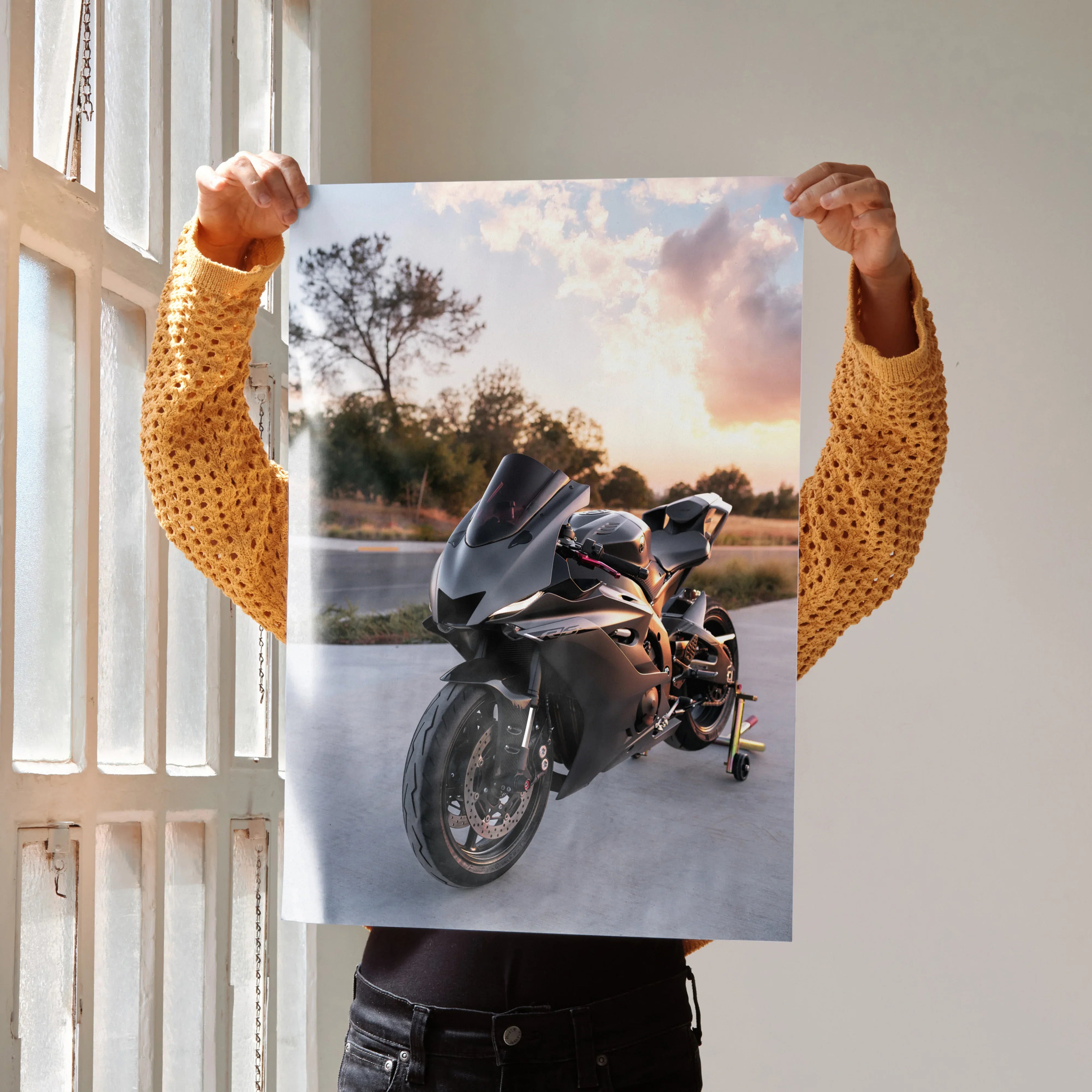 Yamaha R6 motorcycle poster with sunset and scenic outdoor background wall art.