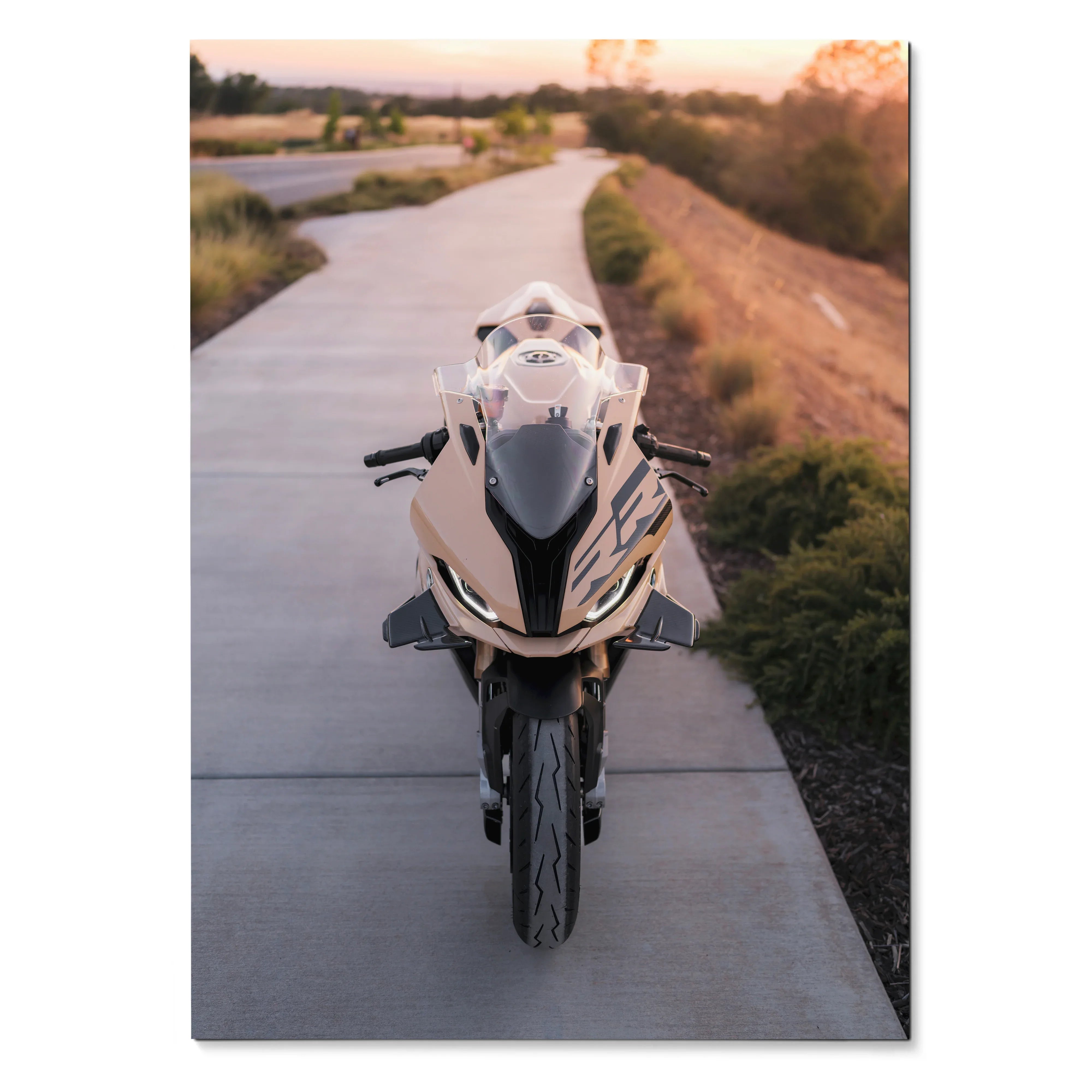 BMW S1000RR motorcycle poster showing front view on pathway at sunset, high-resolution wall art.