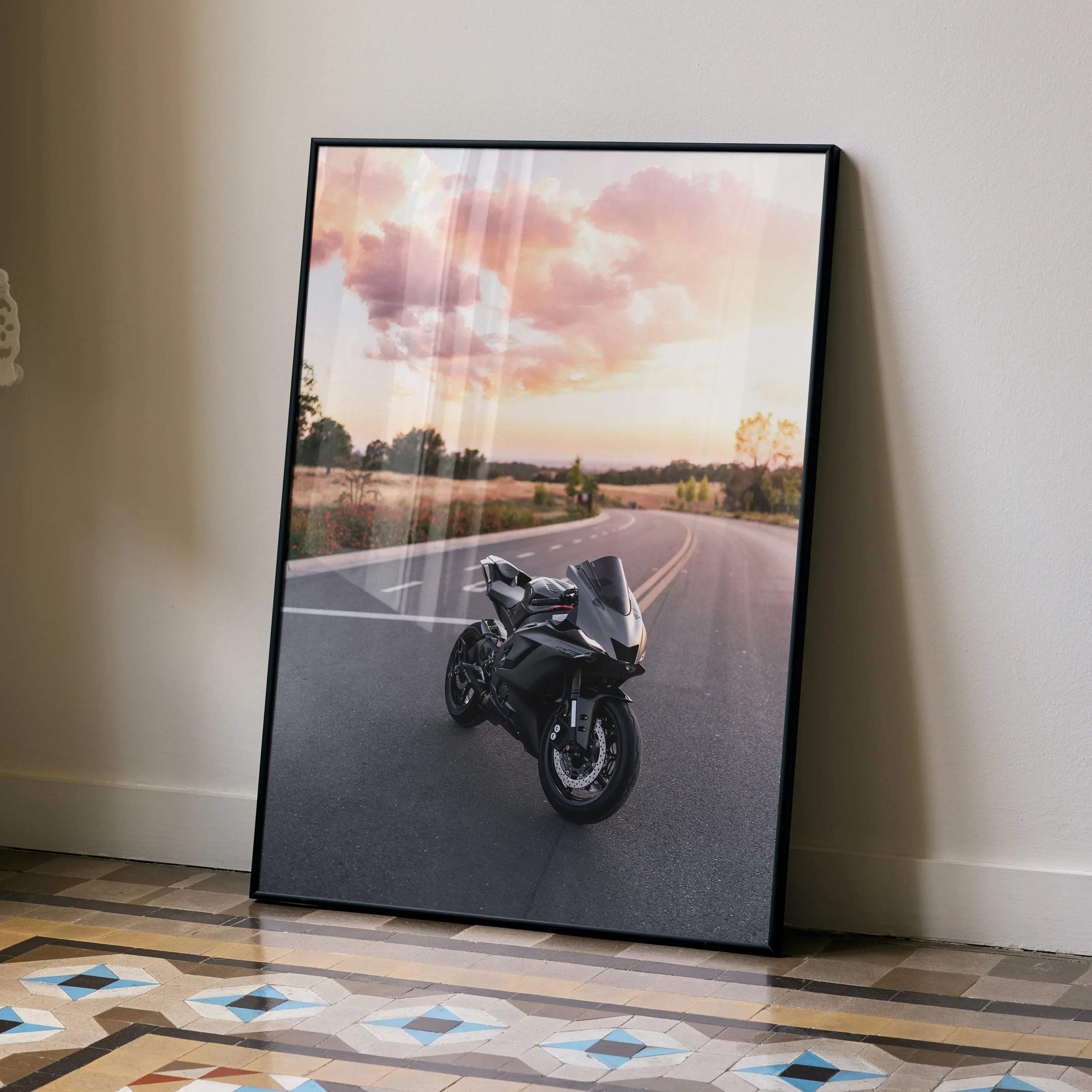 Black framed Yamaha R6 motorcycle poster featuring a sleek sportbike on asphalt under a pink and orange sunset sky