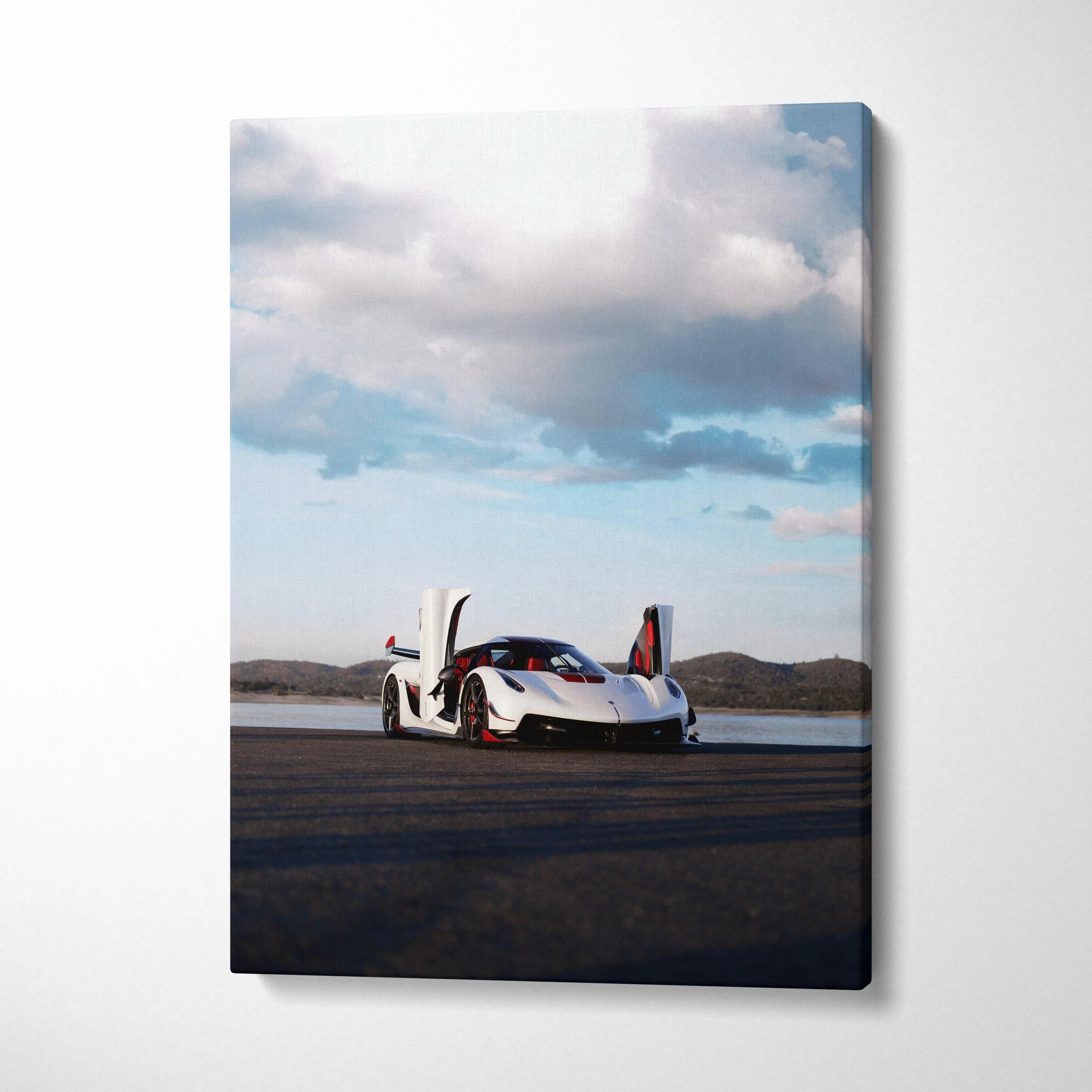 Koenigsegg Jesko supercar with open doors on asphalt under cloudy sky vertical canvas wall art.
