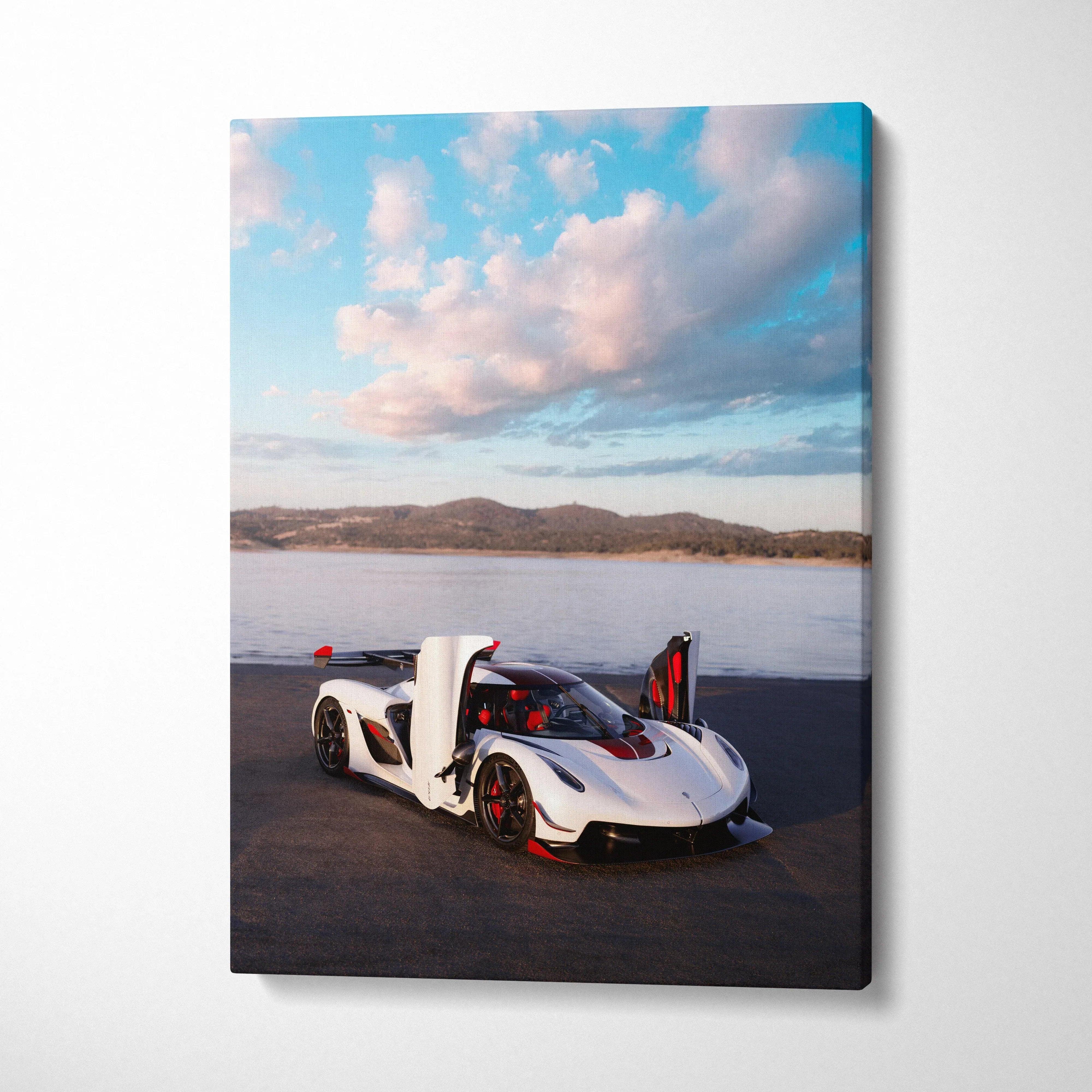 Koenigsegg Jesko white sports car with open doors on canvas wall art with scenic sky background.