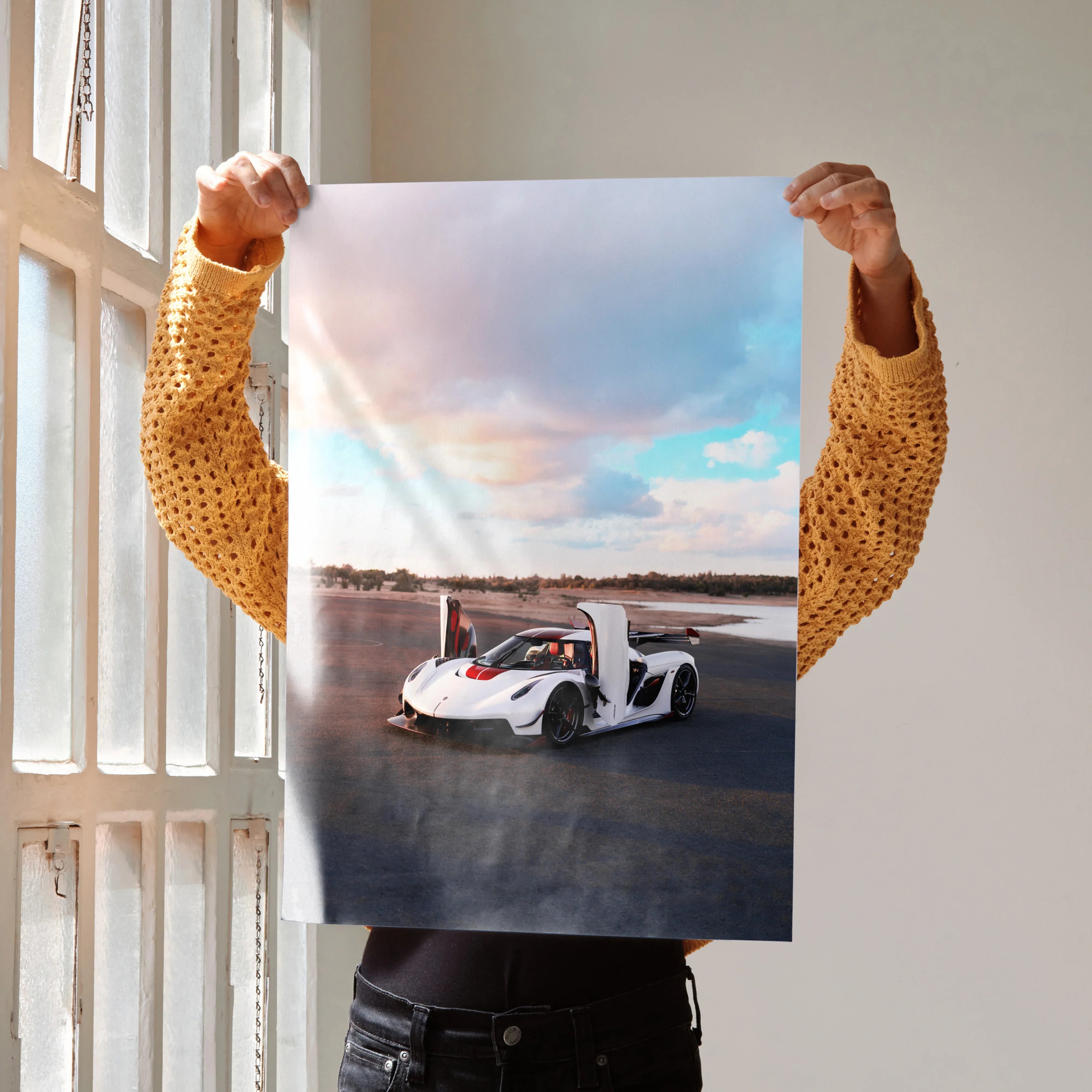 Koenigsegg Jesko white sports car poster with sunset sky, modern wall art.